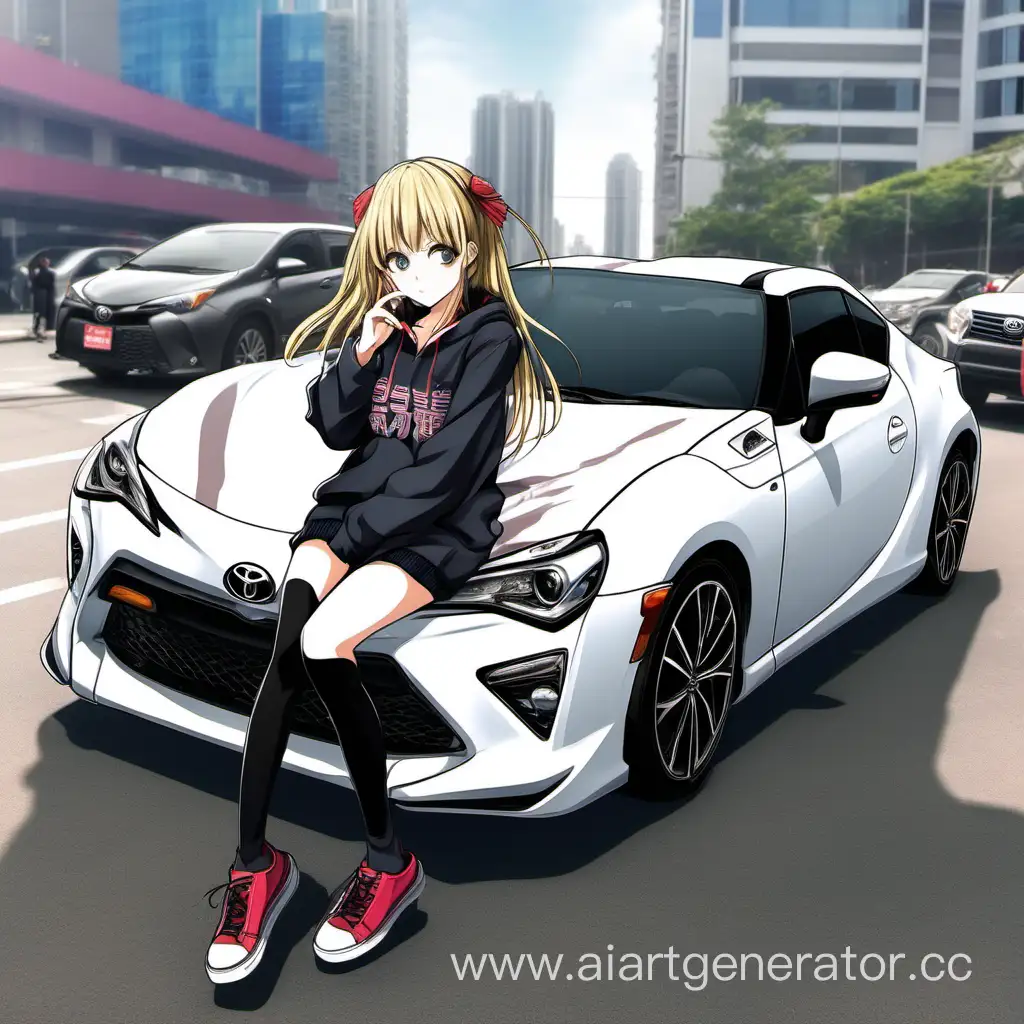 Take a photo of an anime girl on the hood of a Toyota car