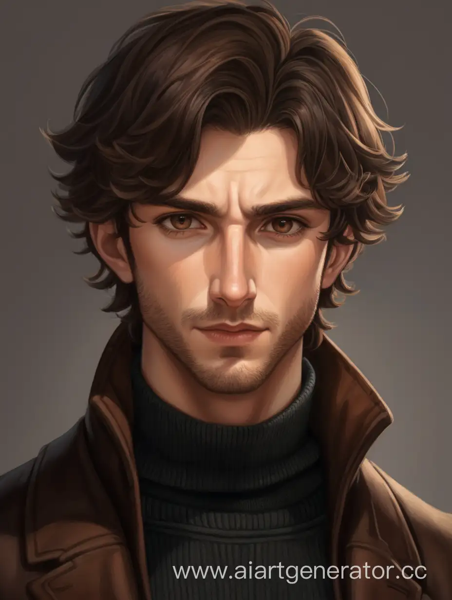 Stylish-Young-Man-in-Black-Sweater-and-Brown-Coat-with-Tousled-Chestnut-Hair