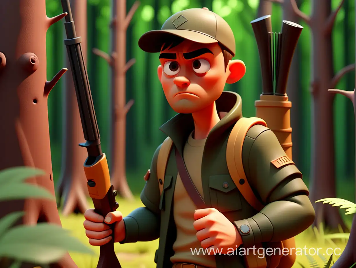 cartoon style, 8k, One day, a hunter man came into the forest

