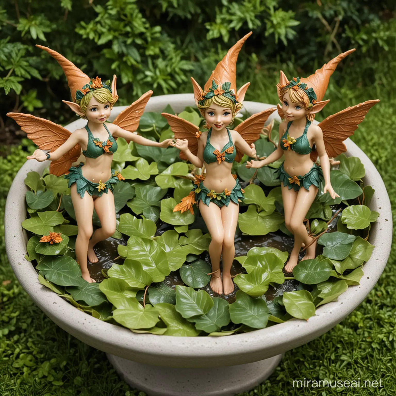 Pixie Elves Bathing in Bird Bath with Leaf Bathing Suits