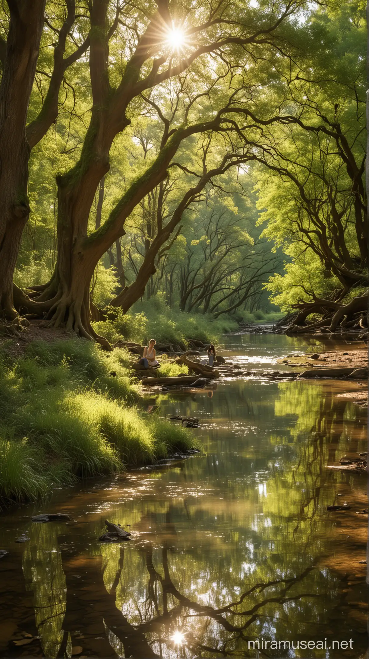 Wide view of a young woman sitting in a utopian forest, near a beautiful stream or river.  capturing her in harmony with the serene and idyllic surroundings. The image shows the expansive forest with ancient oaks, lush greenery, and scattered sunlight, emphasizing the peaceful coexistence of the woman and the natural world, showcasing the overall tranquility and beauty of the scene.