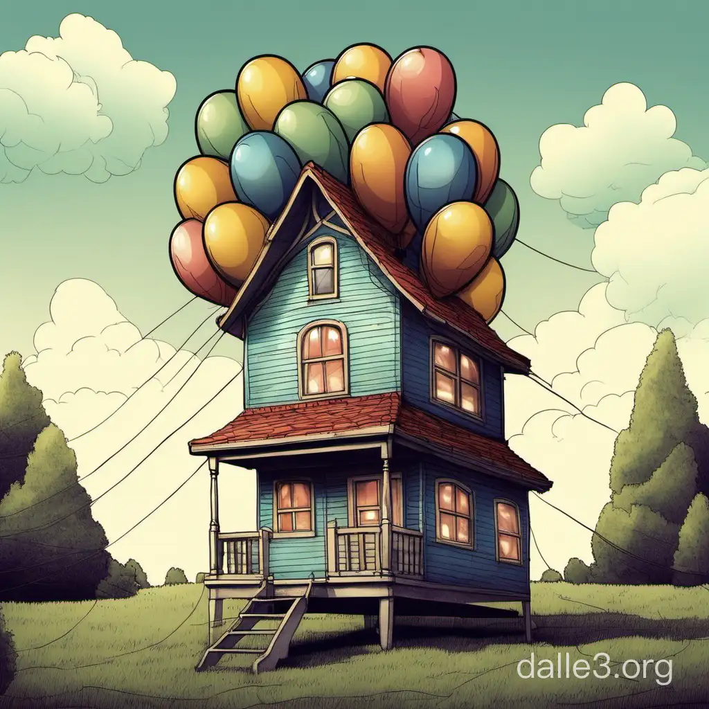 there is a little house, on top of which many balloons are tied