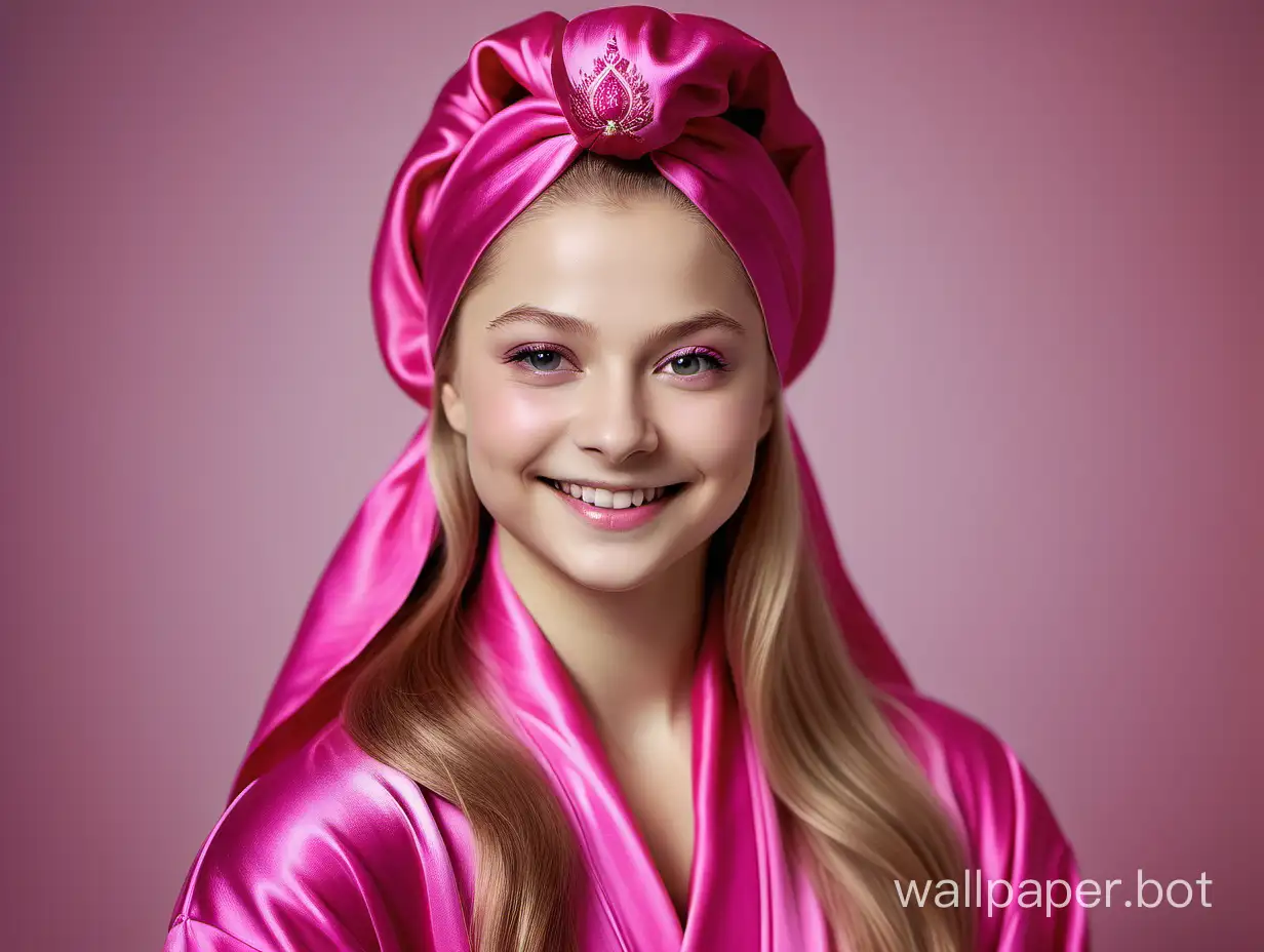 Юлия Липницкая улыбается с длинными волосами в роскошном, нежном, шелковом халате цвета розовая фуксия с розовым шелковым полотенцем-тюрбаном на голове