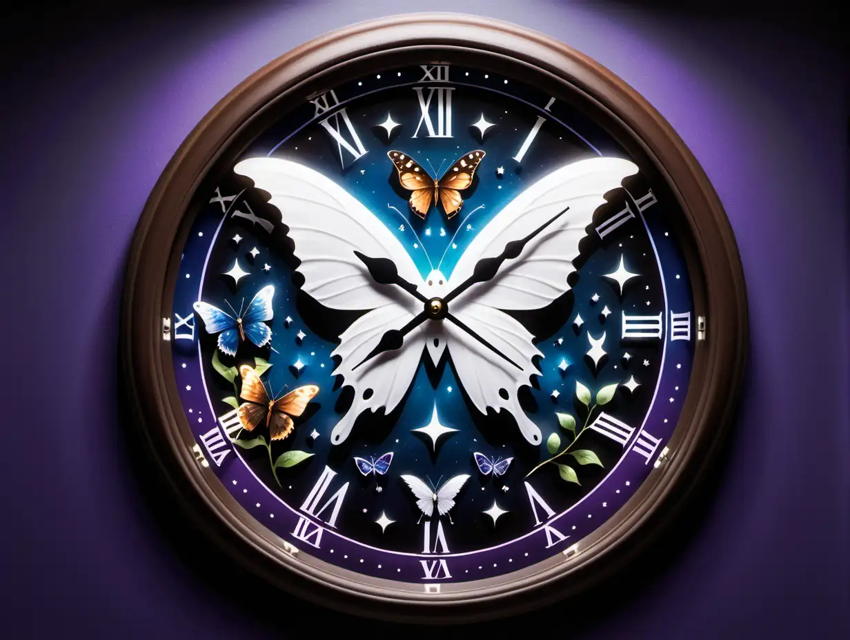 Fantasy image. A clock face with a butterfly visible on it. Characteristics of the butterfly: the right wing is black and purple, the left wing is white and blue. At 12 o'clock there is a sun symbol. At 6 o'clock there is a moon symbol. At 3 o'clock there is a bat symbol. At 9 o'clock there is a symbol of a white dove. The right side of the clock face is green with plant motifs. The left side of the clock is darker, brownish-black in color with thorn motifs. A magical background with a clock, full of alchemical symbols.