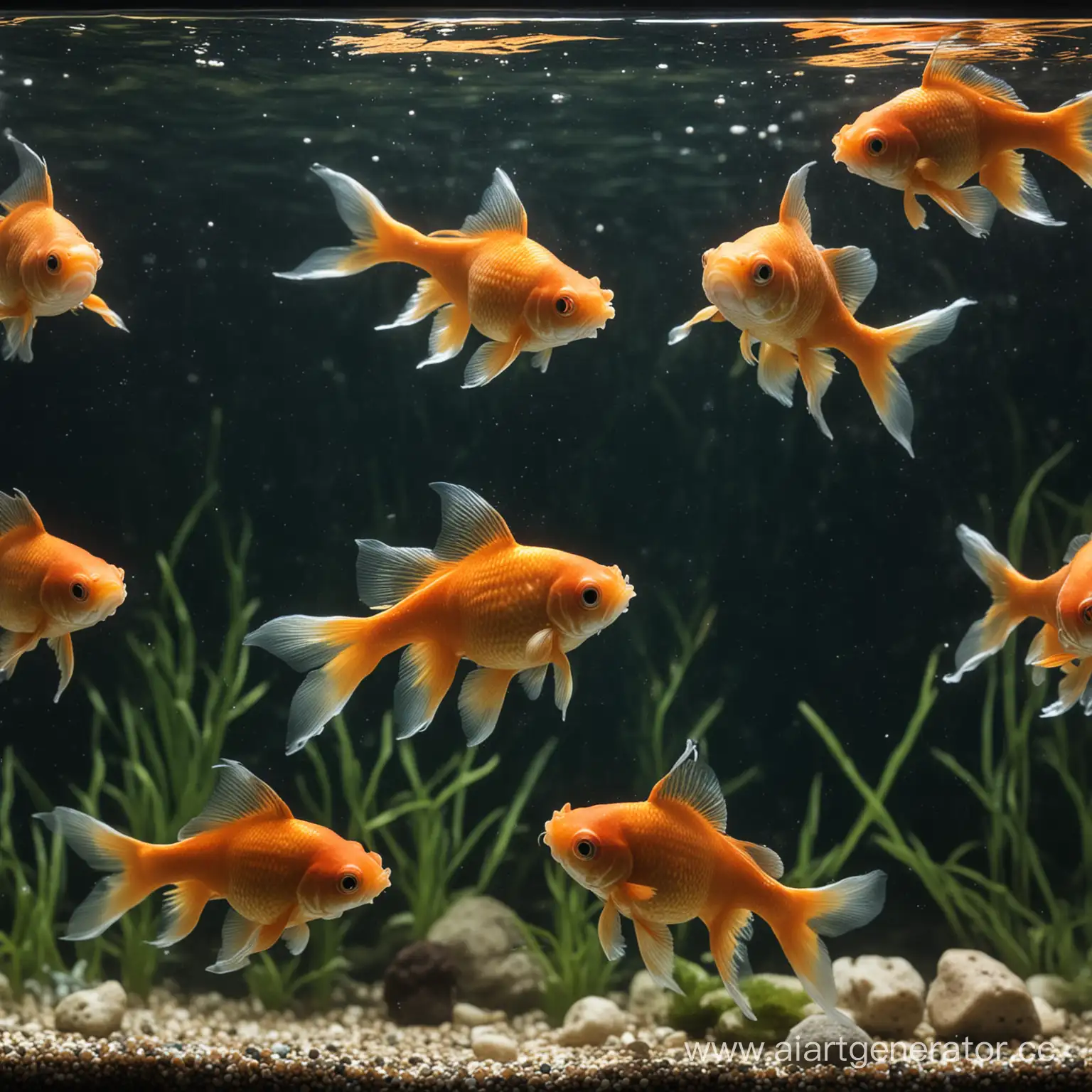 Сгенерируй изображение нескольких золотых рыбок в аквариуме
