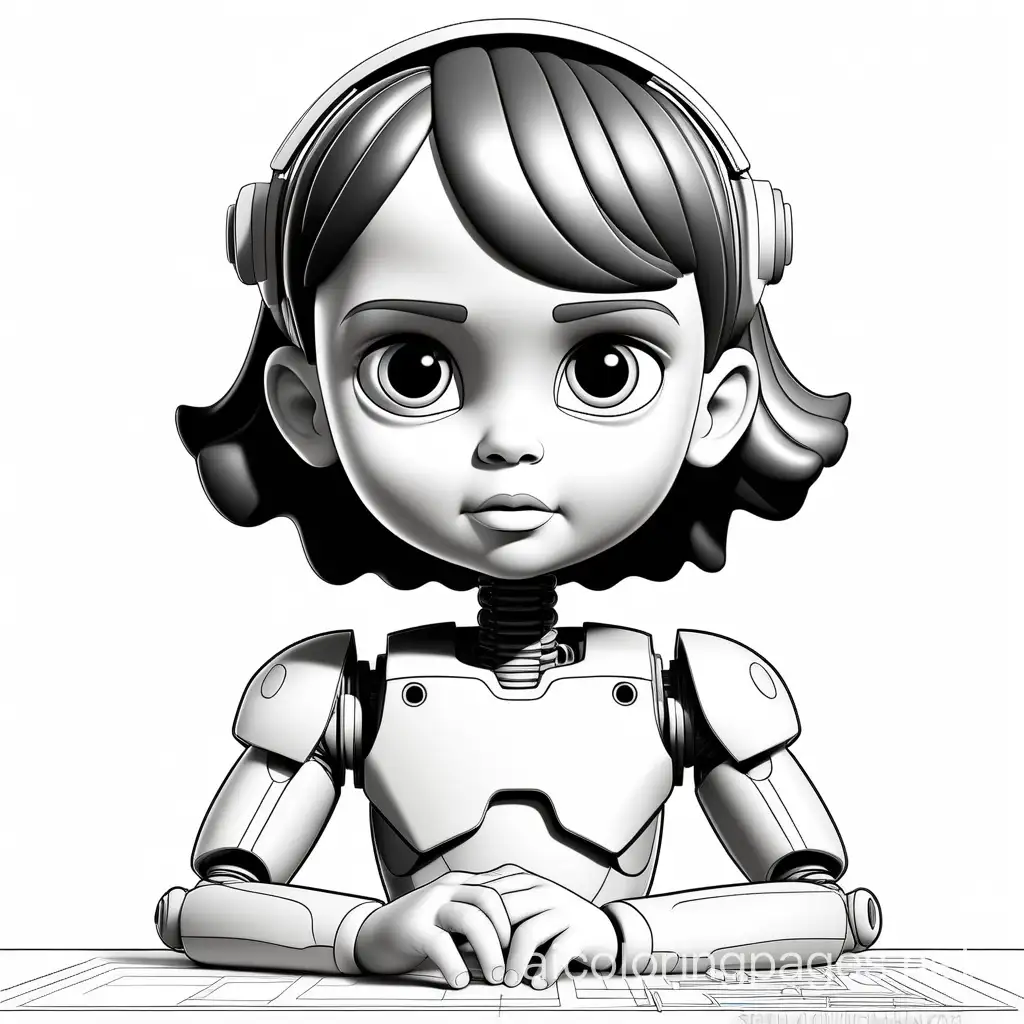 A child with artificial intelligence, Coloring Page, black and white, line art, white background, Simplicity, Ample White Space. The background of the coloring page is plain white to make it easy for young children to color within the lines. The outlines of all the subjects are easy to distinguish, making it simple for kids to color without too much difficulty