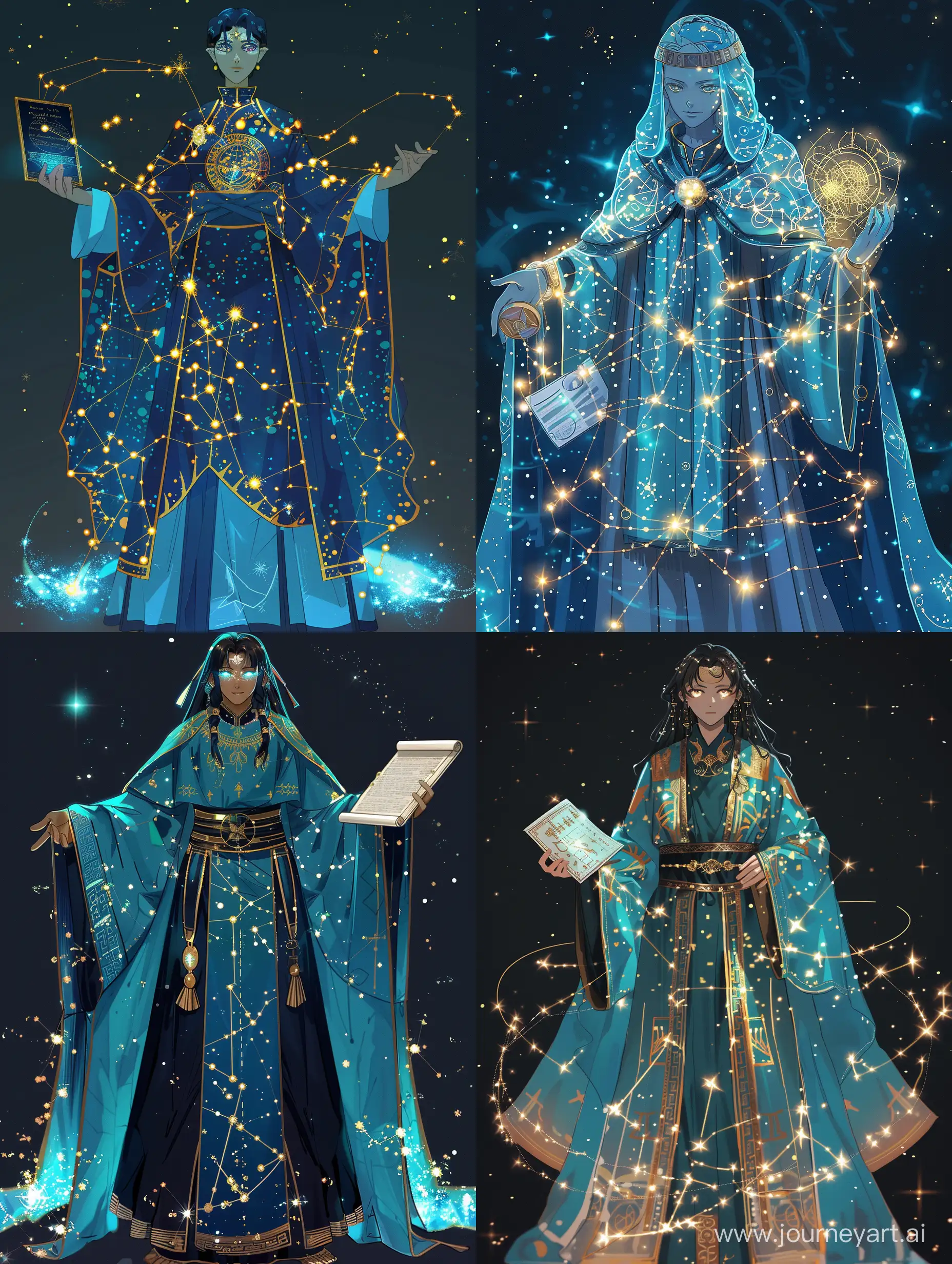 Reimagined in a 2D anime style, Hypatia of Alexandria, as a Caster-class servant, combines ancient elegance with modern anime flair. Her traditional Hellenistic robes are transformed into a vibrant azure, adorned with glowing golden constellations that mirror the night sky she studied. These robes flow ethereally, blending into a cosmic void at their edges, symbolizing her deep connection with the universe. In her hands, she holds not just any scroll and astrolabe but artifacts that shimmer with magical runes and project holographic celestial maps, respectively. Hypatia's eyes, a luminous silver reflecting the stars, become adorned with constellations themselves when she unleashes her Noble Phantasm, embodying her mastery over astronomy and her scholarly pursuit of knowledge. This anime version of Hypatia stands as a beacon of wisdom and enlightenment, her appearance a testament to her life's work and the ancient wisdom she represents, all while fitting seamlessly into the visually dynamic world of Fate.
