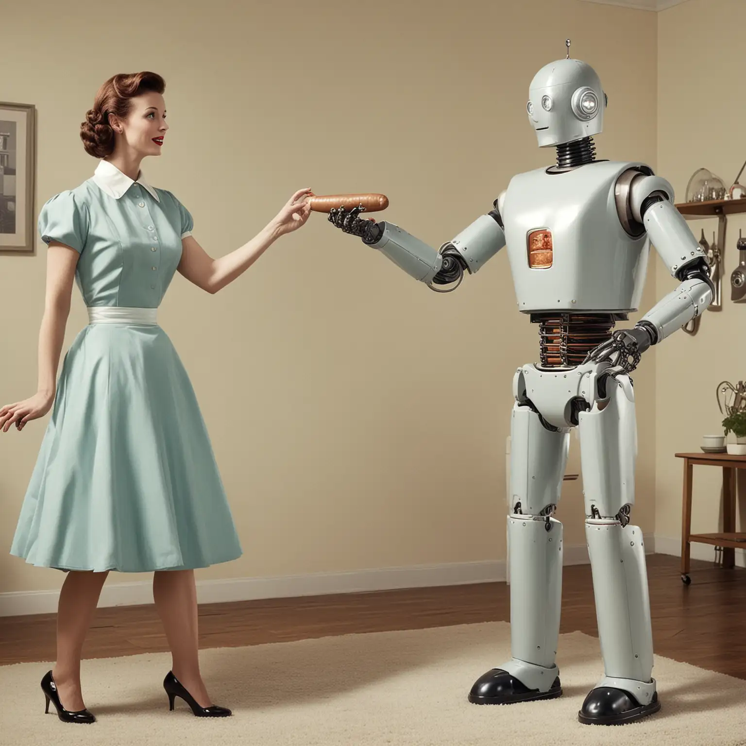 A robot throwing a sausage at a 1950's housewife 