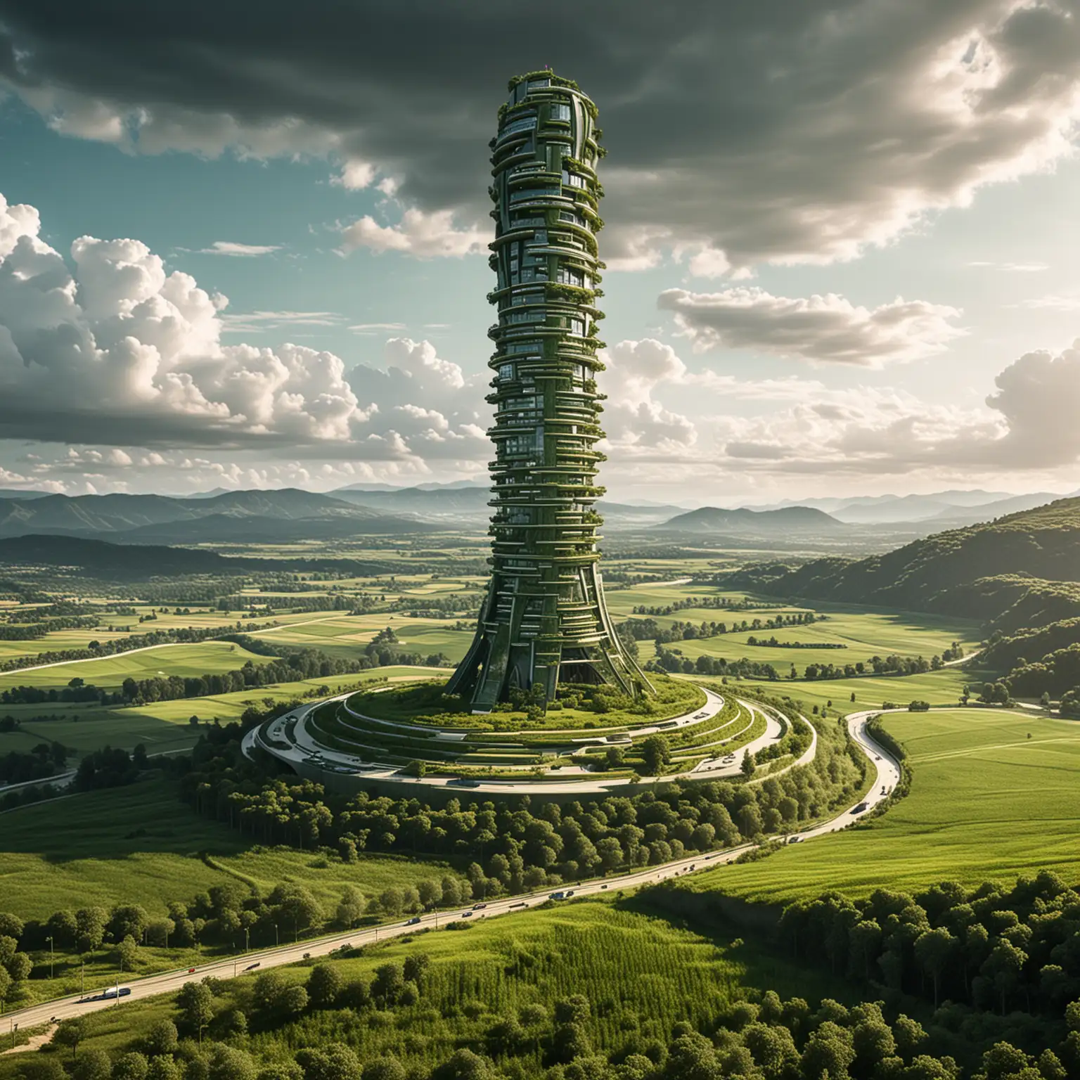 A MASSIVE FUTURISTIC TOWER IN A OPEN FIELD WITH GREEN TERRACES