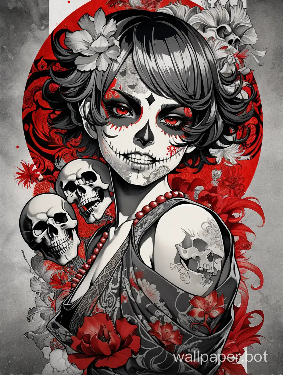 skull arlequim face,  odalisque, sexy smiling, chaos ornamental, short hair, darkness, explosive hairstyle, assymetrical, japanese modern poster, torn poster edge, alphonse mucha hiperdetailed, highcontrast, black, white, red, gray, dramatic tones, explosive dripping colors,