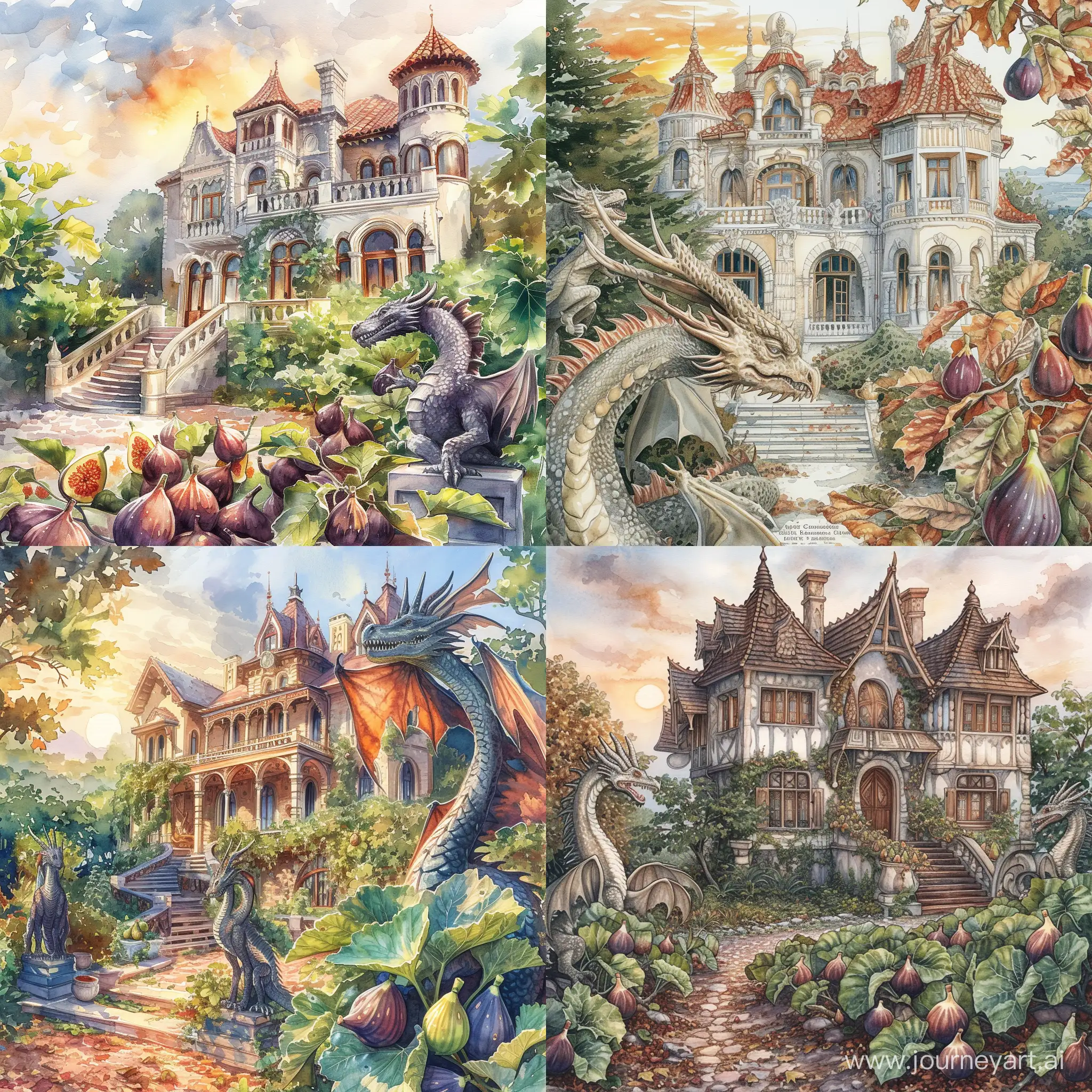 Enchanting-Dragon-Statue-House-with-FairyTale-Sunrise-in-Vibrant-Watercolor