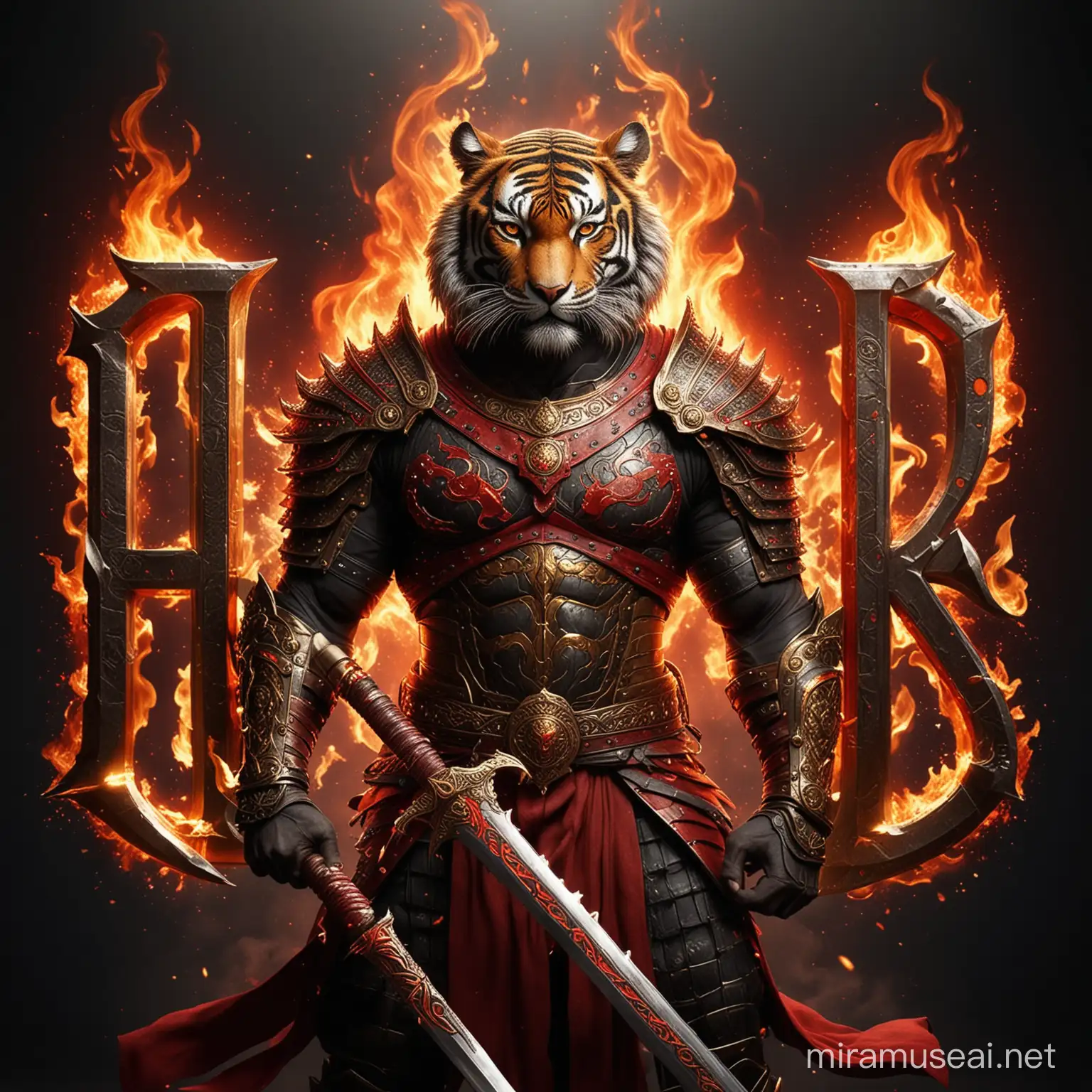 create a highly realistic image of TIger warrior wearing armor holding a flaming sword surrounded in red and rich logo with a shiny , as the centerpiece. Decorate the letters with shiny red and shiny fire with intricate details wrapping around each letter. The background black screen. include the text 'BLACK TIGER' in gold capital letters on a base, 64k ultra hd resolution