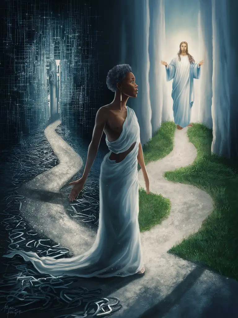 Digital painting of a beautiful ethnic woman at a crossroads, with one path strewn with glitzy distractions and worldly pleasures that lead to a maze of confusion and darkness, while the other path is illuminated by a gentle and comforting light representing the presence of Jesus, guiding her towards a path of faith and righteousness. The composition captures her contemplative stance and the contrasting elements of temptation and salvation.