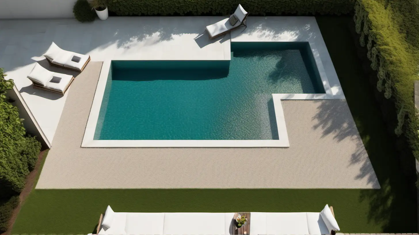 décor terrasse et piscine  habitat été avec revêtement de sols granulats très fins moquette de pierre vue en plongée