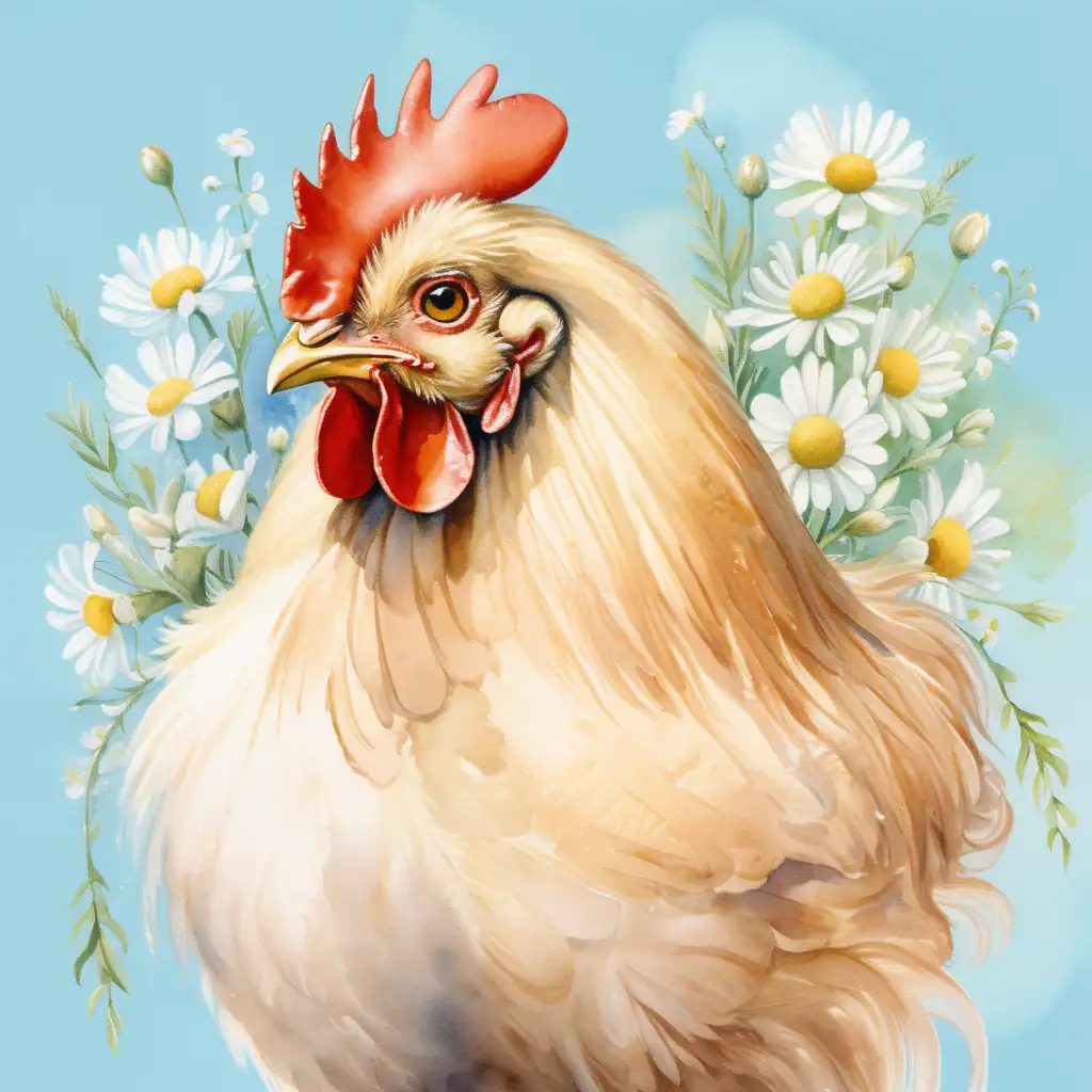 Fluffy Chicken Surrounded by White Flowers on a Serene Watercolor Background