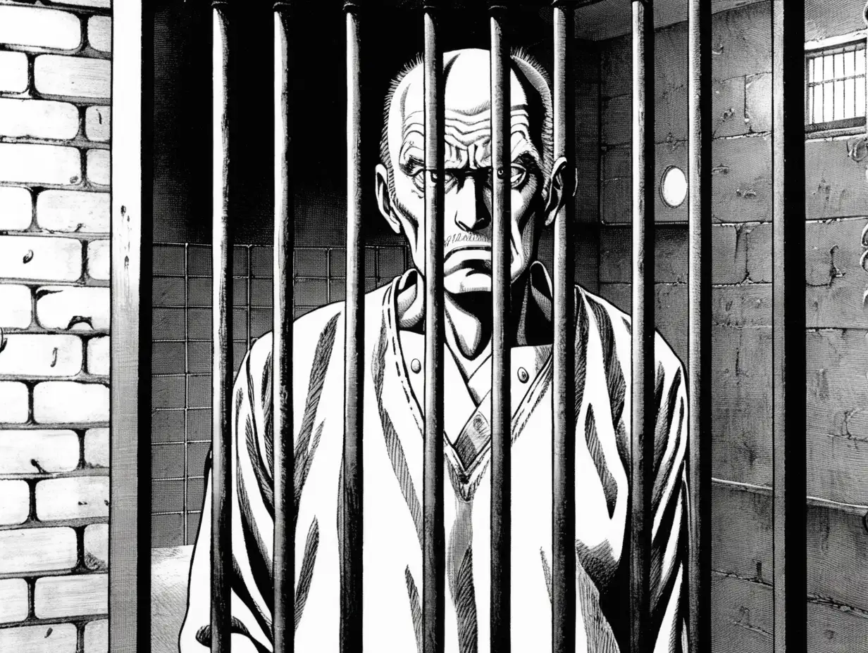 an old prisoner in jail in a suspense-thriller manga.
