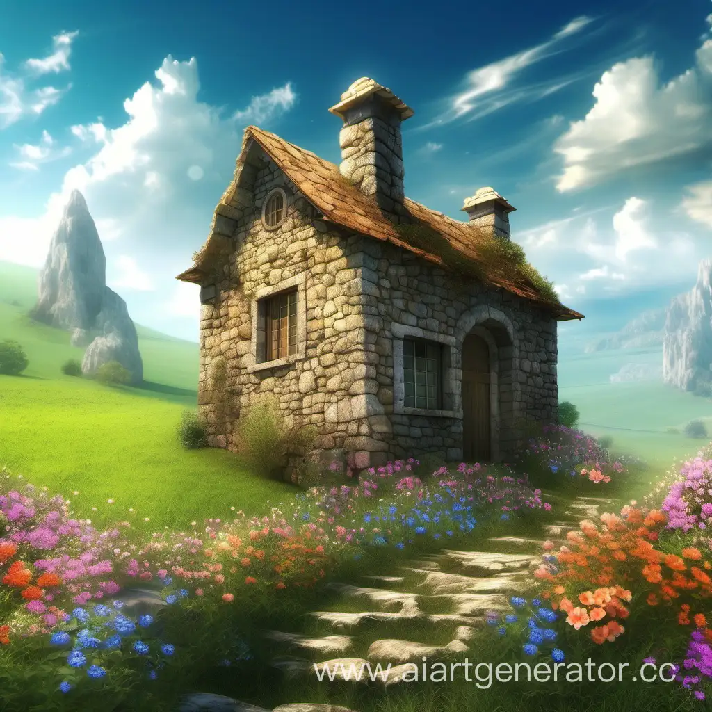 old stone house, in flovery countryside, fantasy