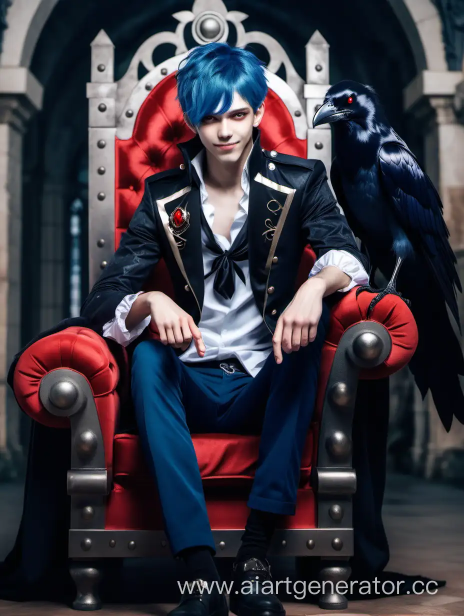 Stylish-Anime-Hero-with-Blue-Hair-on-Throne-in-Red-Castle-with-Crow