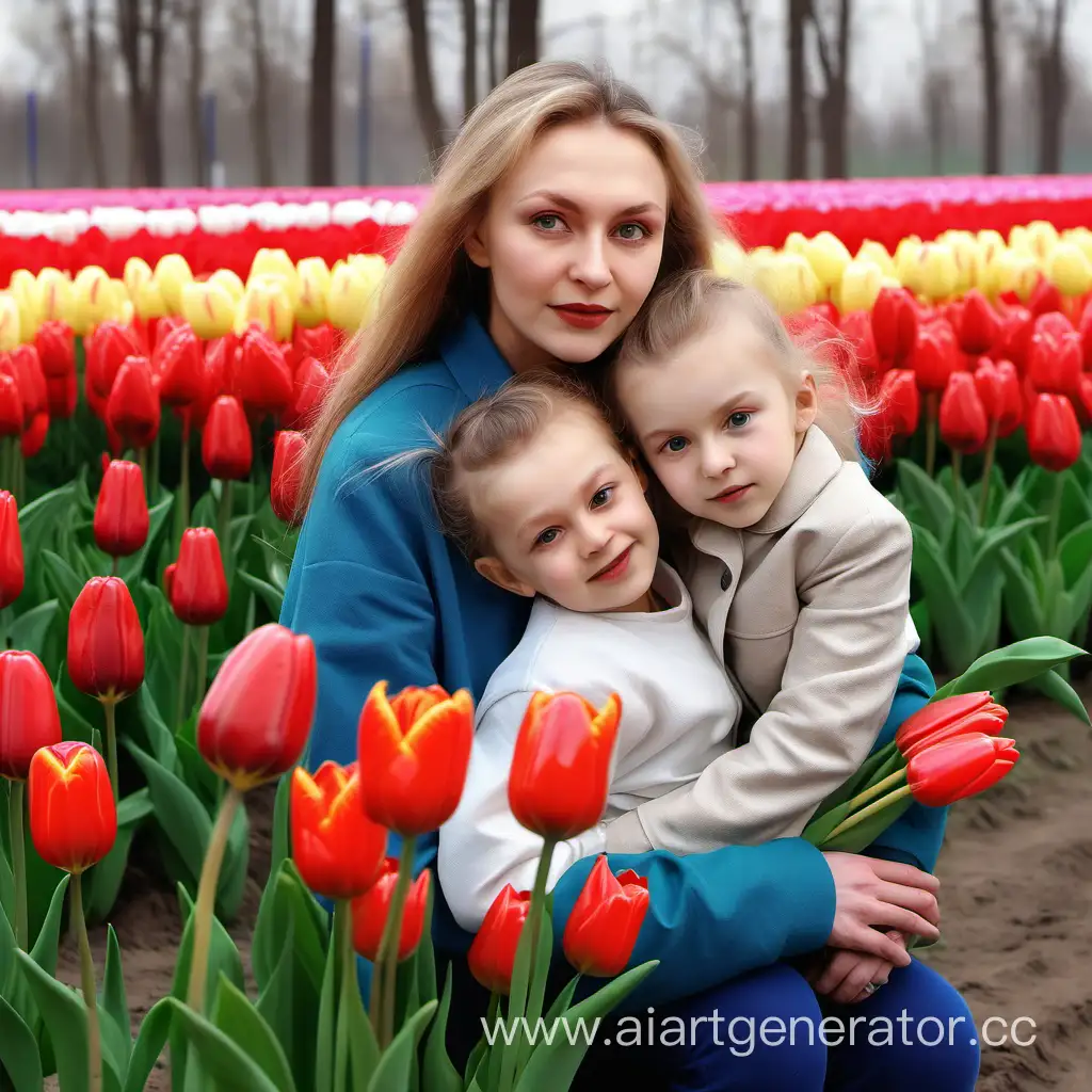 Realistic-Mother-and-Children-Enjoying-Tulips-in-Belarus