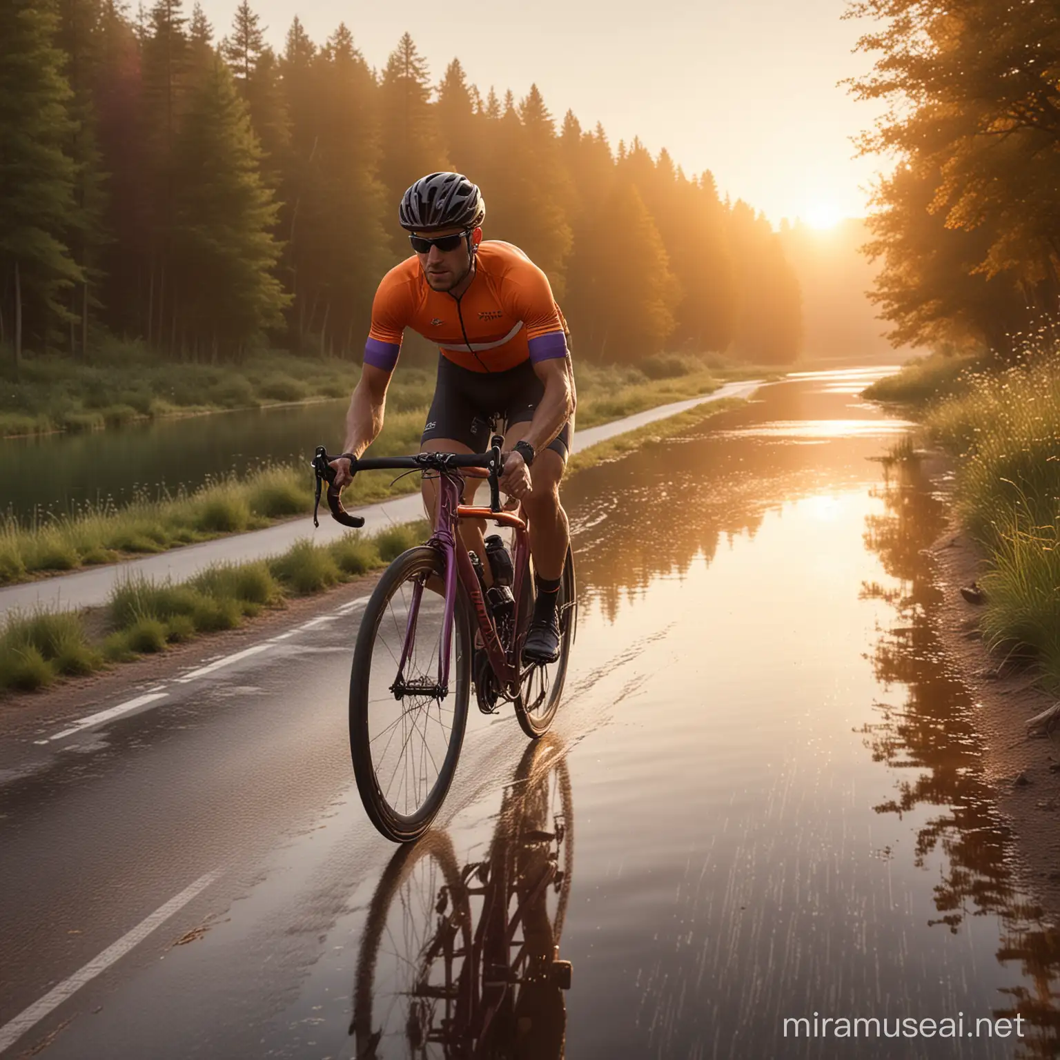 A strikingly realistic digital painting of a cyclist riding along a road adjacent to a serene lake. The image strives for a level of realism that rivals a high-definition photograph, focusing on capturing the cyclist in a moment of fluid motion. The cyclist is dressed in professional cycling gear, complete with a streamlined helmet, tight-fitting cycling jersey, and shorts that reflect the practicality and aesthetics of modern cycling attire. The bike itself is a model of precision engineering, detailed right down to the reflection on its sleek frame and the rotation of its perfectly aligned wheels.
vibrant colors of the sunset providing a backdrop that's both atmospheric and dynamic. Warm hues of orange, red, and purple blend seamlessly, mimicking the natural gradation of colors found during the golden hour.
