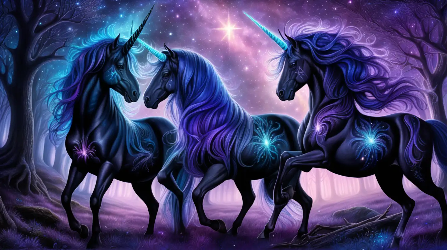 two beautiful black unicorns with horns glowing brightly and their coats and manes shining with stars and the universe, one male and one female, glowing horns, similar to Sue Dawe artwork, fighting to the death of one,  in a shadow laden dark gothic magical realm magical forest with various shades of purple, blue and black desolate landscape TWO UNICORNS ONLY
