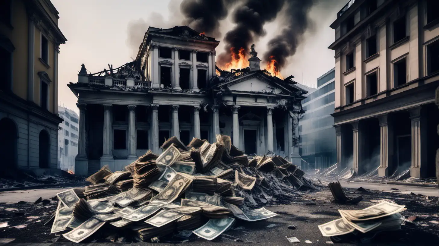 Ruined bank buildings and piled up and burned banknotes, Economic, banking, money crisis concept.