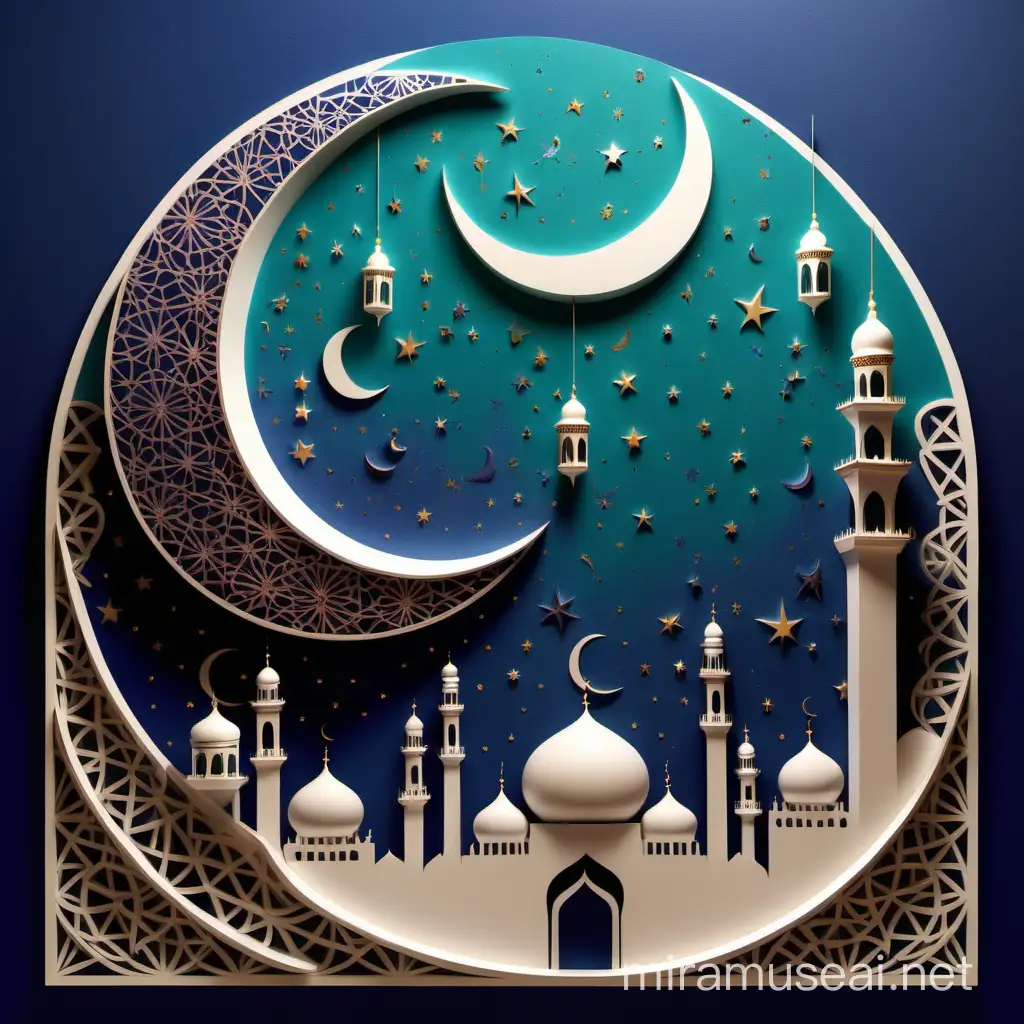 Ramadan Generosity Crescent Moon Gathering with Islamic Patterns