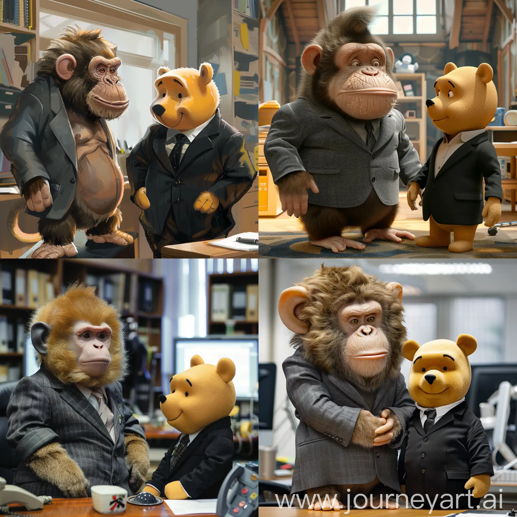 un simio, con sobrepeso, con pelo chino, con traje gris, en  una oficina, trabajando junto a winnie the pooh con traje negro, 