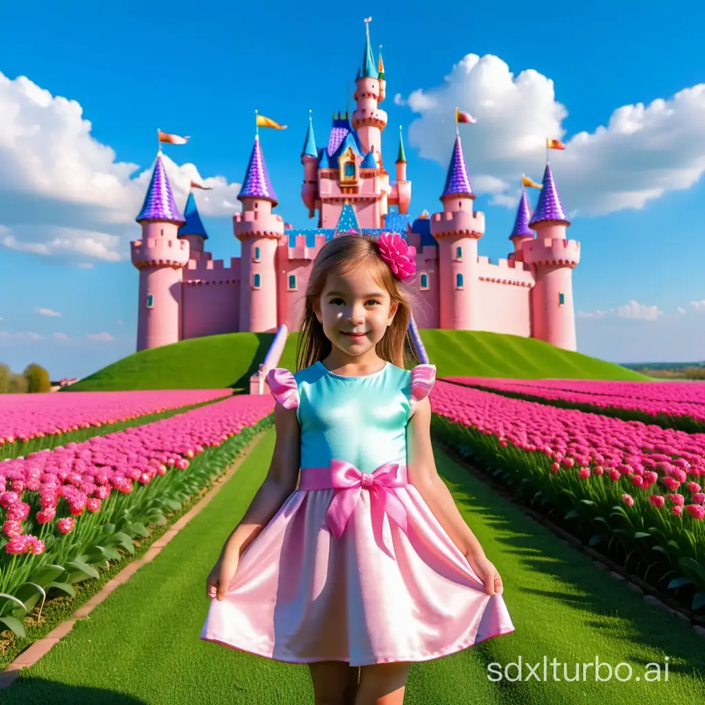 Blue sky, pink castle, green grassland, colorful flowers, little girl