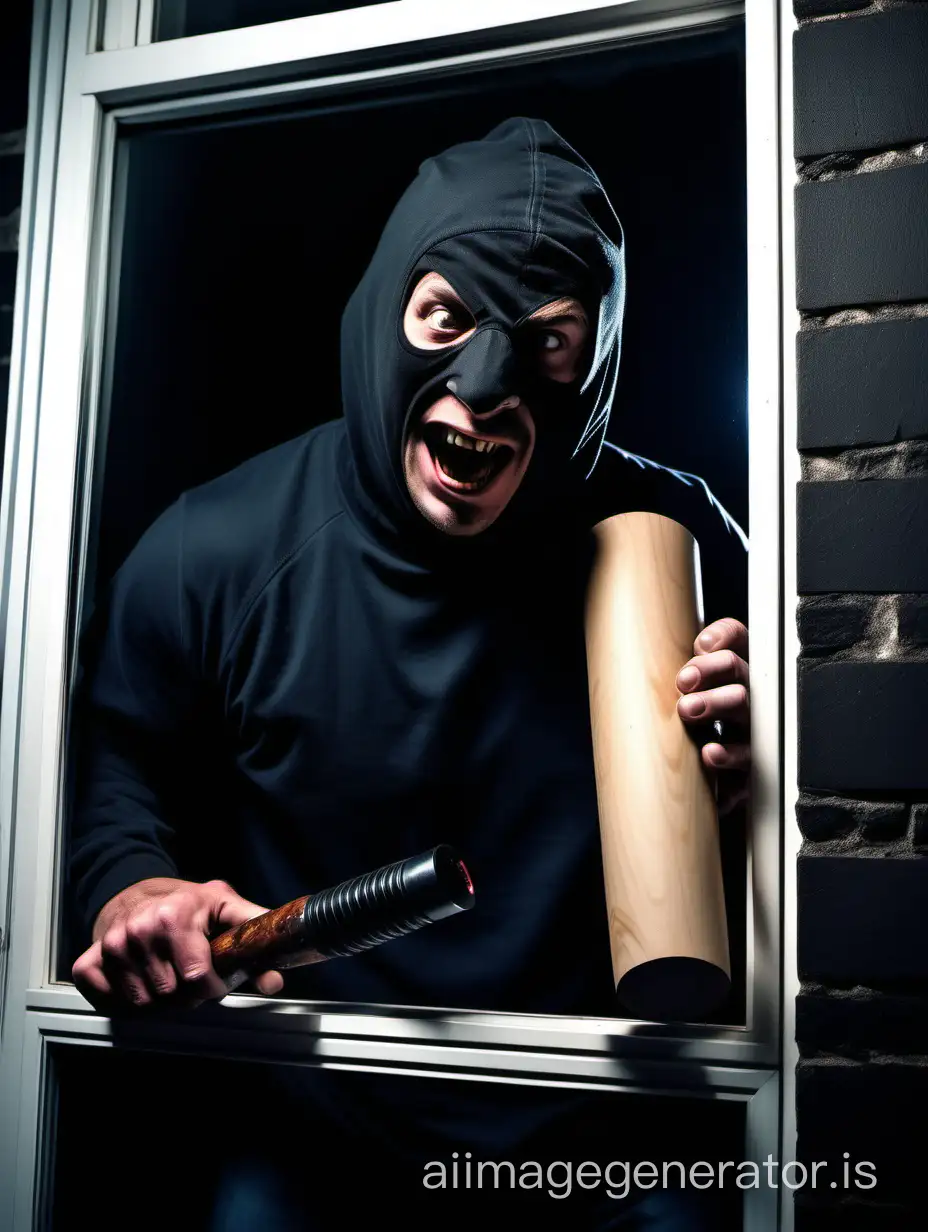 masked burglar, agile perverted man gazing through window at night with black kinky baseball-bat club dildo coil in hand. grinning. electric taser, scary, planned rapist, bully, chemical injection, pig corkscrew, men queue