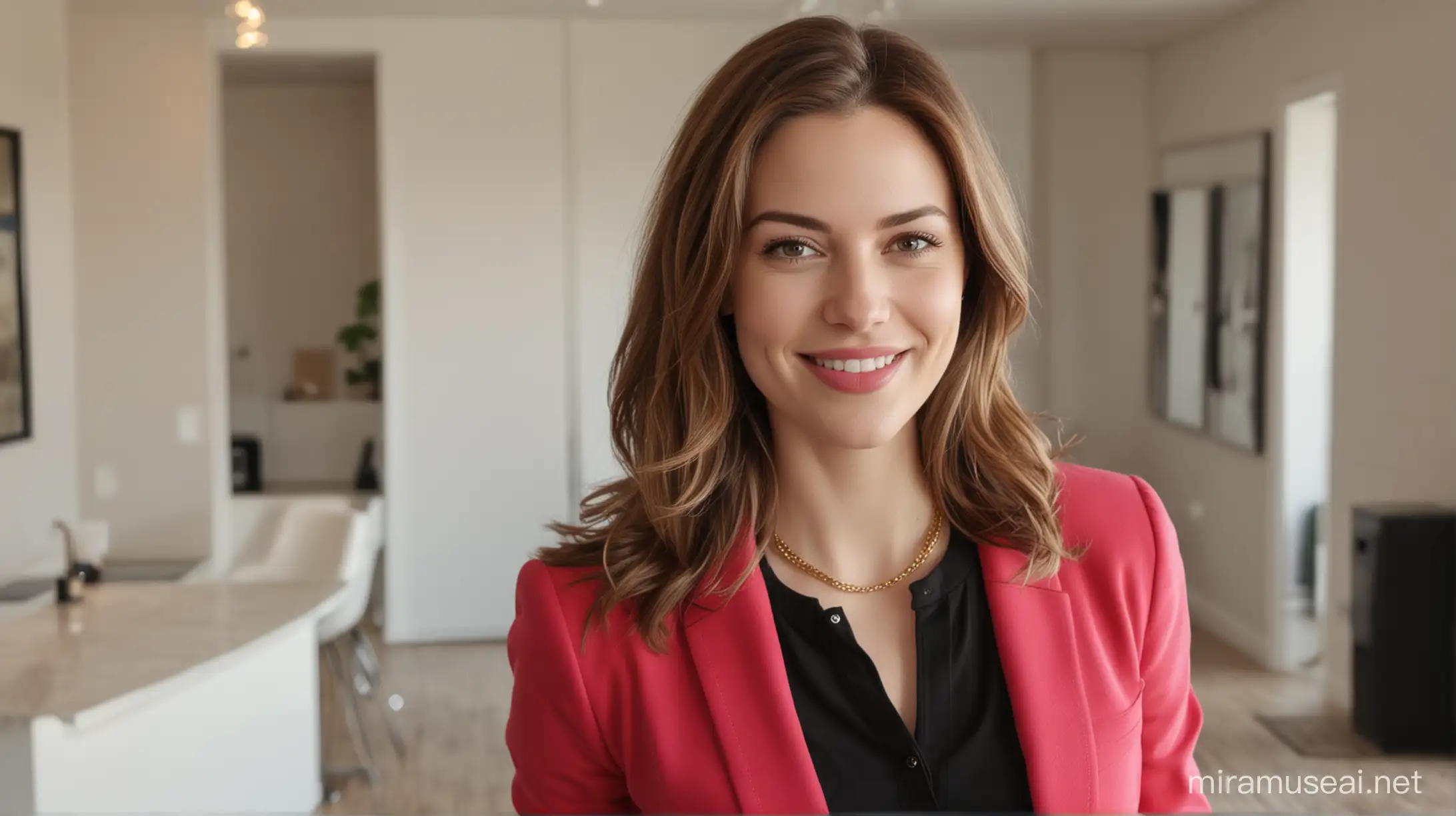30 year old smiling white female with long brown hair parted to the right staring straight at the camera in a modern apartment background. She has pale skin and pink lipstick. She is wearing a red blazer, very low cut black shirt and black pants. She is also wearing a simple gold necklace.