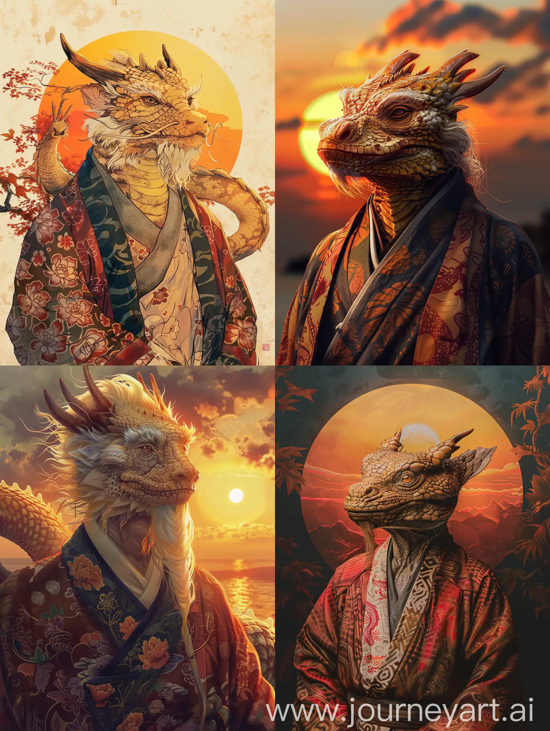 elderly chinese golden dragon in kimono with sunset behind him