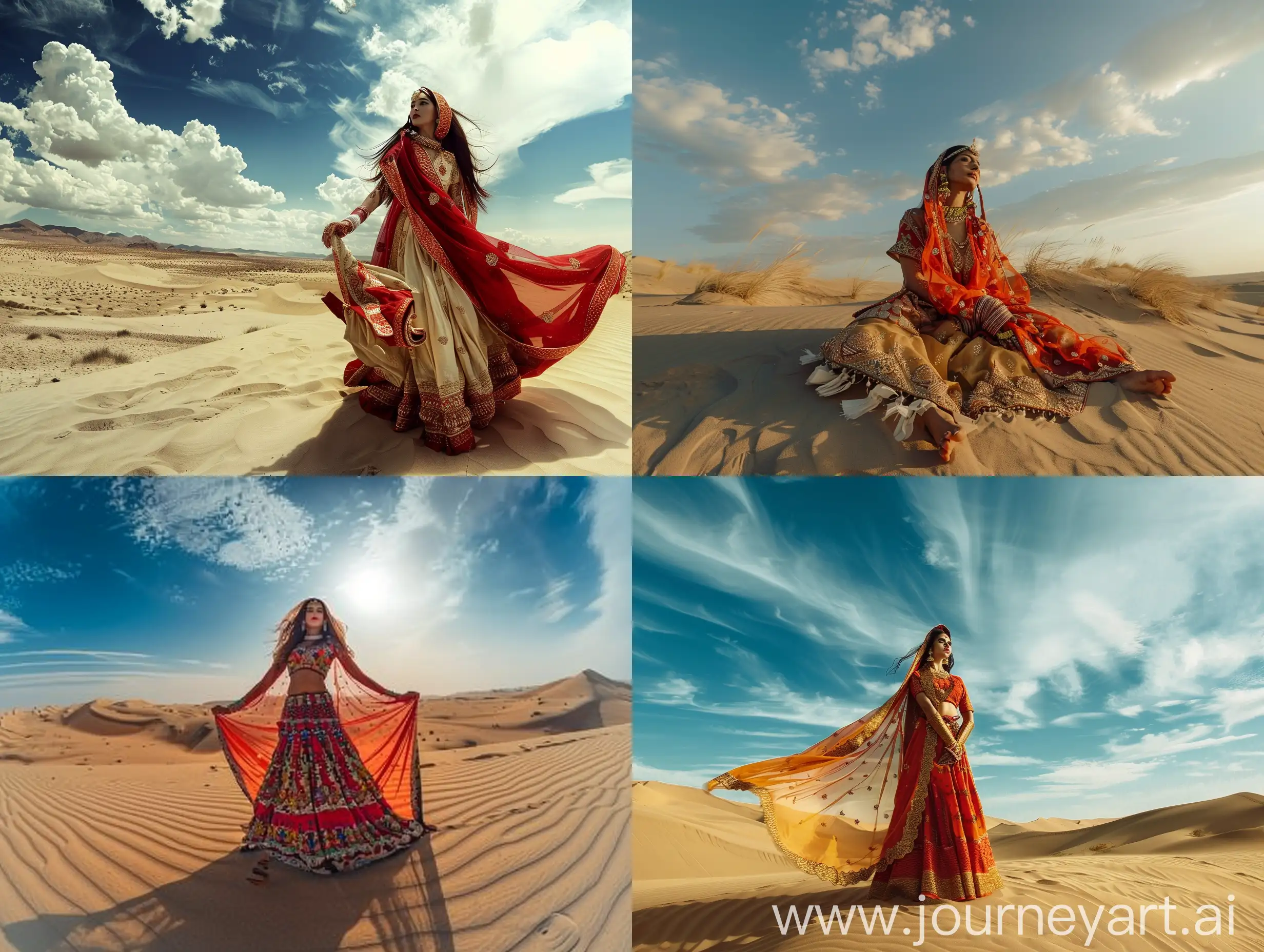 indo-korian lady, deserts, indian costume, wide angle photo