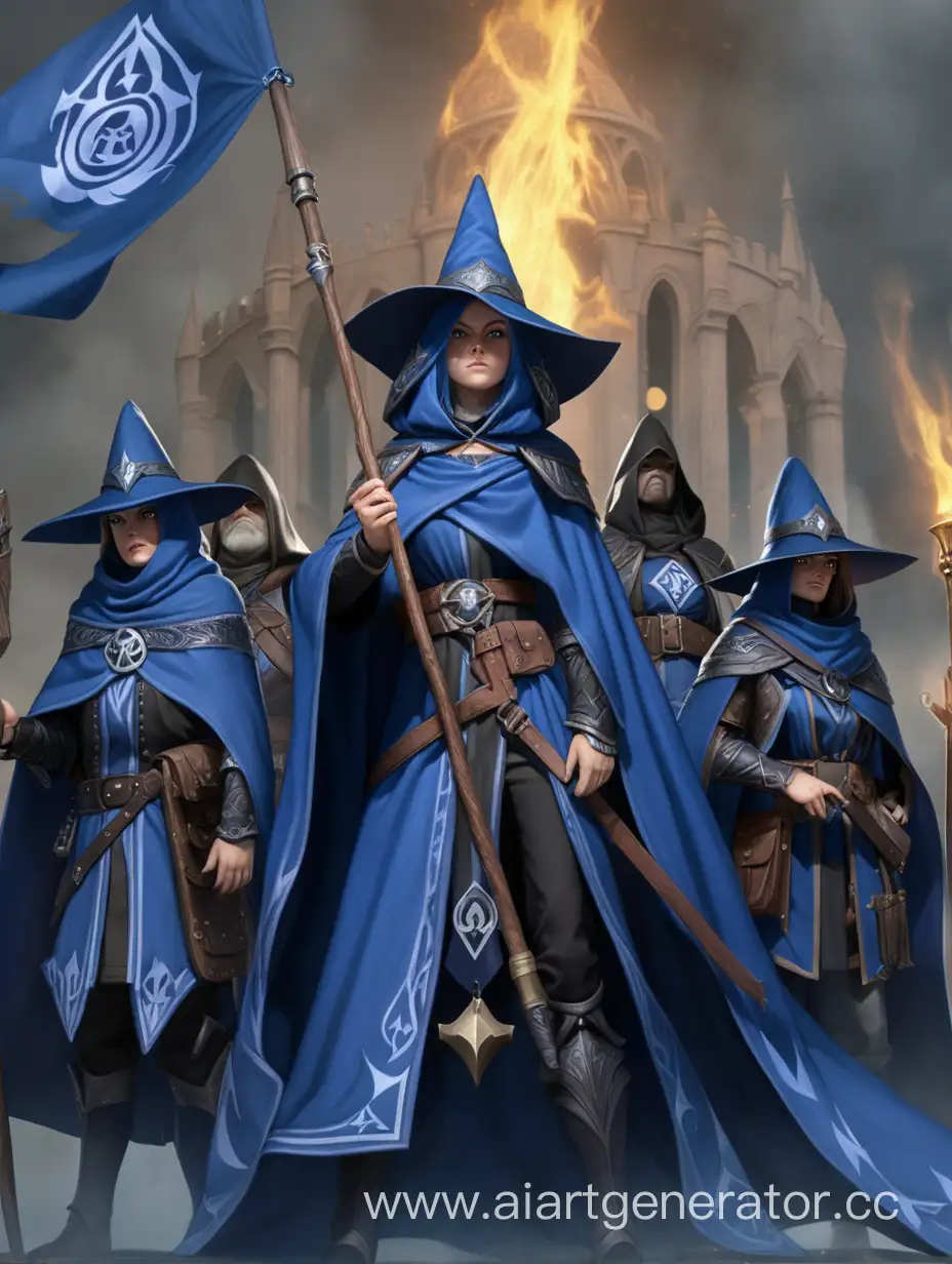 Гильдия колдунов и ведьм в голубых мантиях и знаменем во главе верховной ведьмы готовятся к бою 