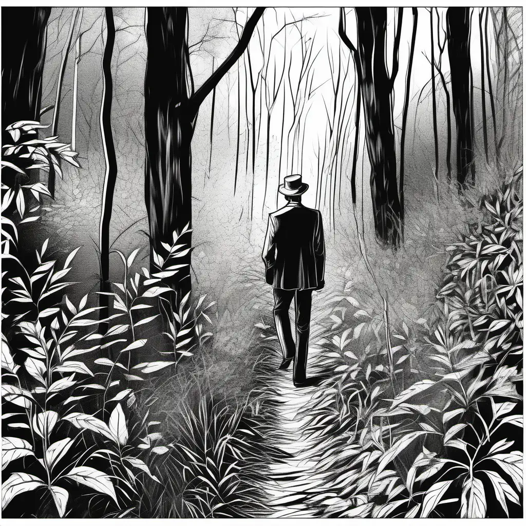 man in 19 century european style light summer suite hiding in a thicket of forest, hot summer, POV: from backside, black and white custom line art easy sketch minimalistic details