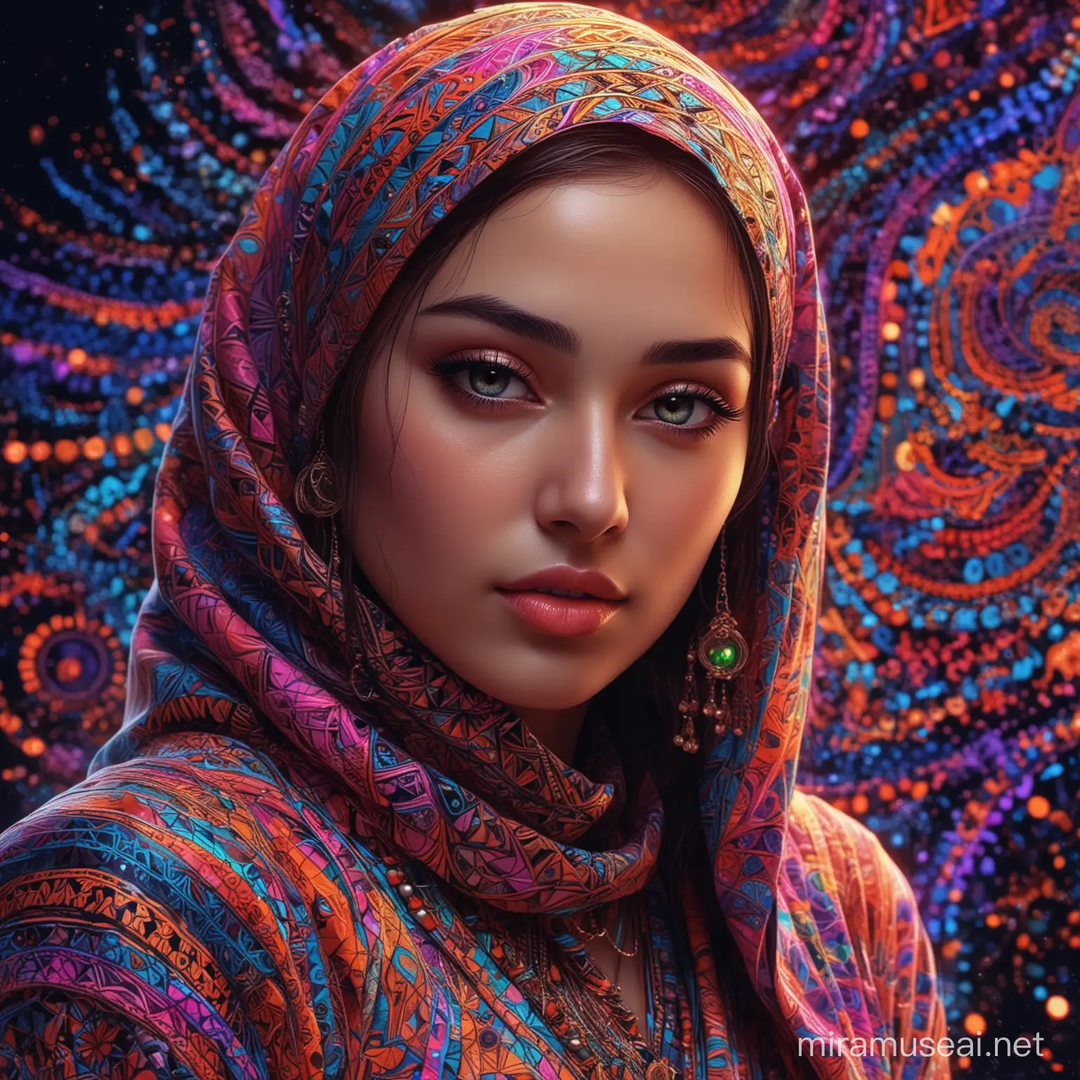 hijabi, (masterpiece, top quality, best quality, official art, beautiful and aesthetic:1.2), (1girl:1.3), extremely detailed,(fractal art:1.2),colorful,highest detailed,( zentangle neon:1.2), (dynamic pose), (abstract background neon:1.5), (traditional dress:1.2), (shiny skin), (many colors:1.4), upper body ,Neon,16K,Full HD