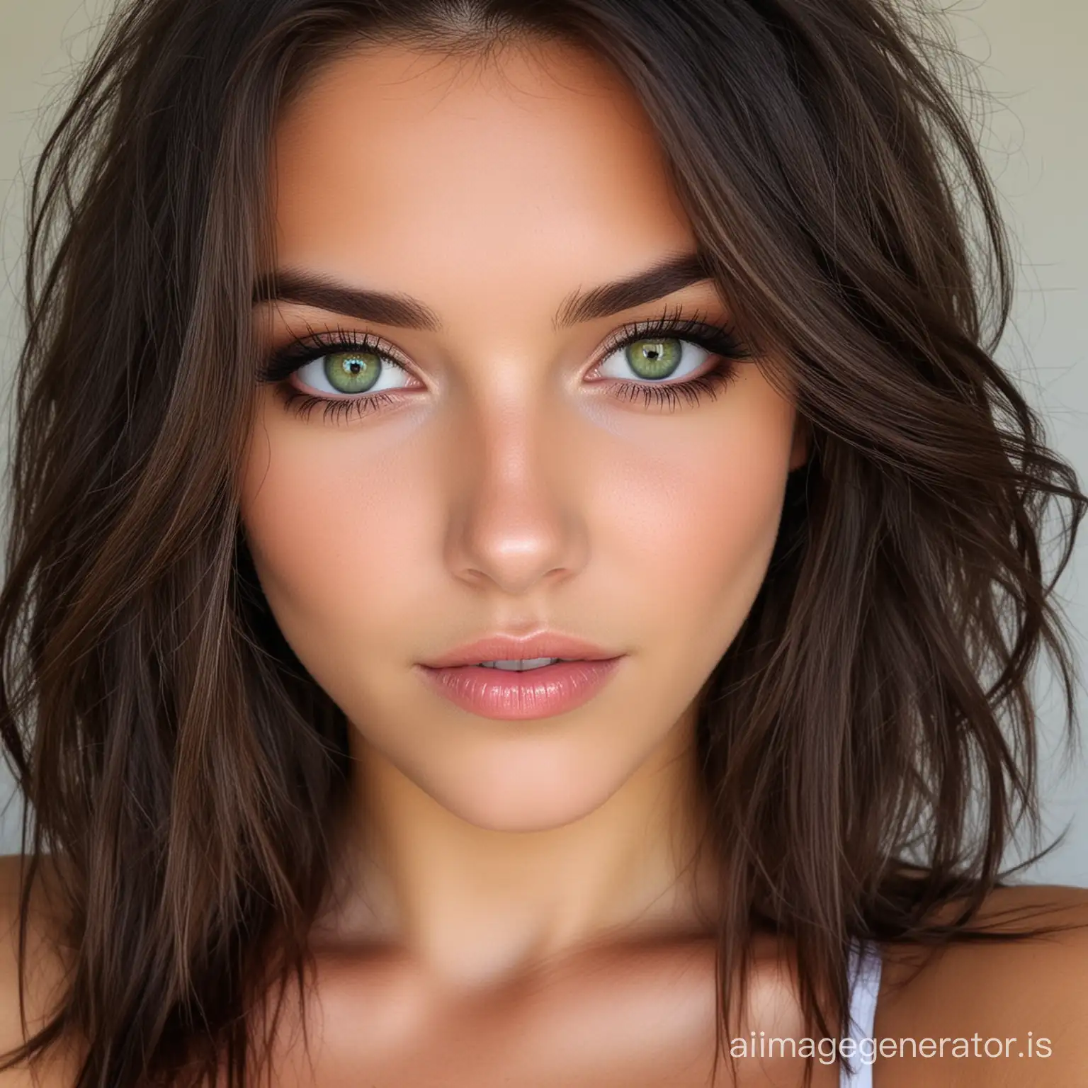 Girl with Vivid Green Eyes and Rich Dark Brown Hair | AI Image Generator