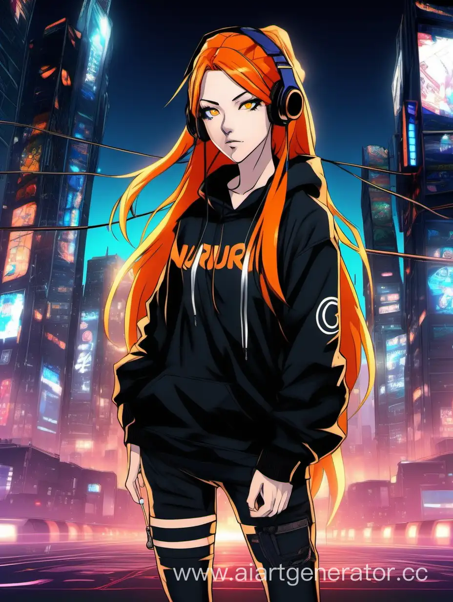 
A gamer girl with long orange hair without bangs and brown eyes with thin lips. against the background of a city in the style of cyberpunk and neon lighting in style of anime Naruto. She has headphones and black hoodie