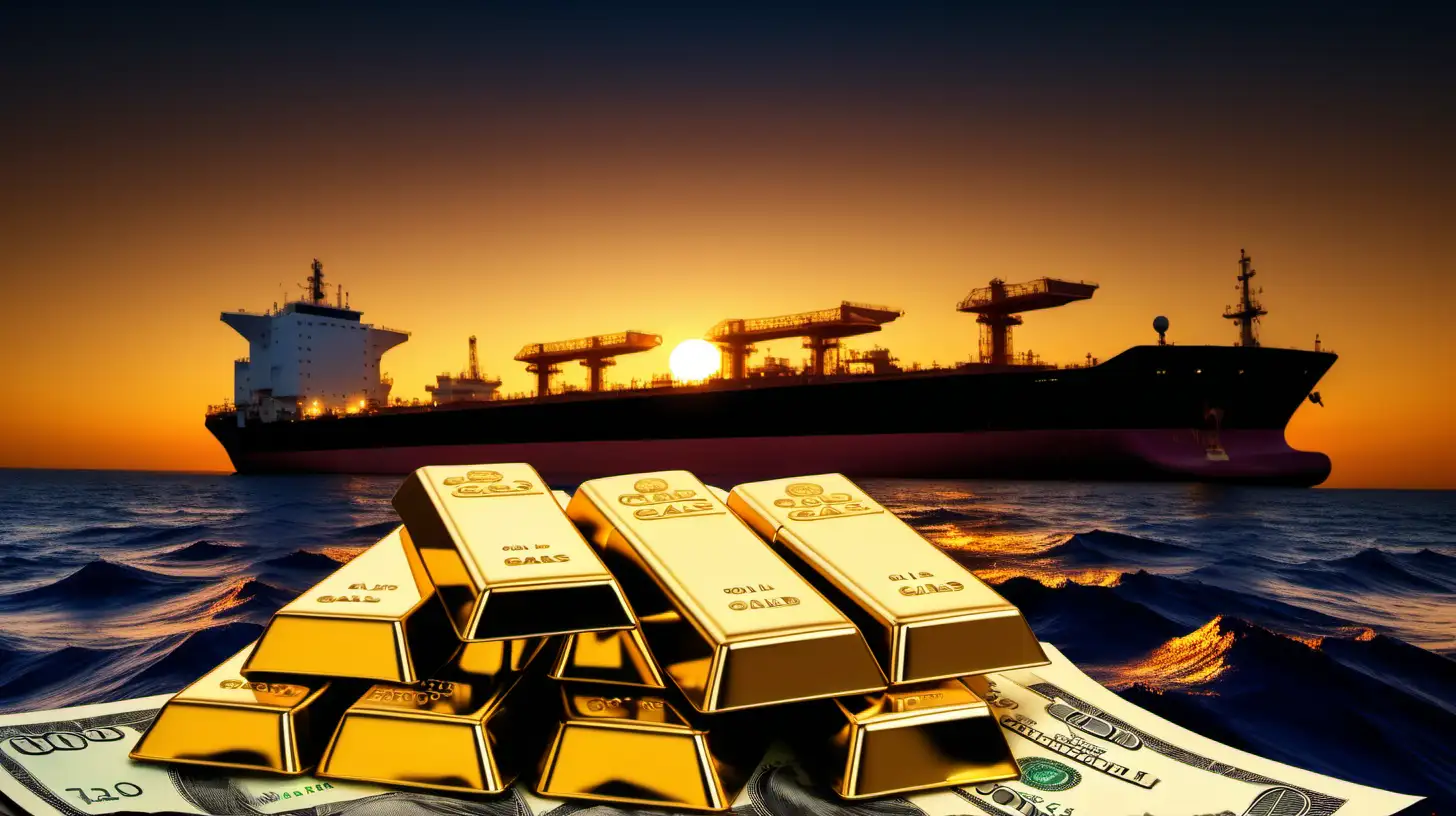 GOLD BARS,  DOLLAR NOTES AND BEHIND IS A HUGE GAS OIL LNG SHIP CARRYING ONLY GAS AND OIL, BLENDED IN ONE SECONDARY BACKGROUND IMAGE, IN SUNSET