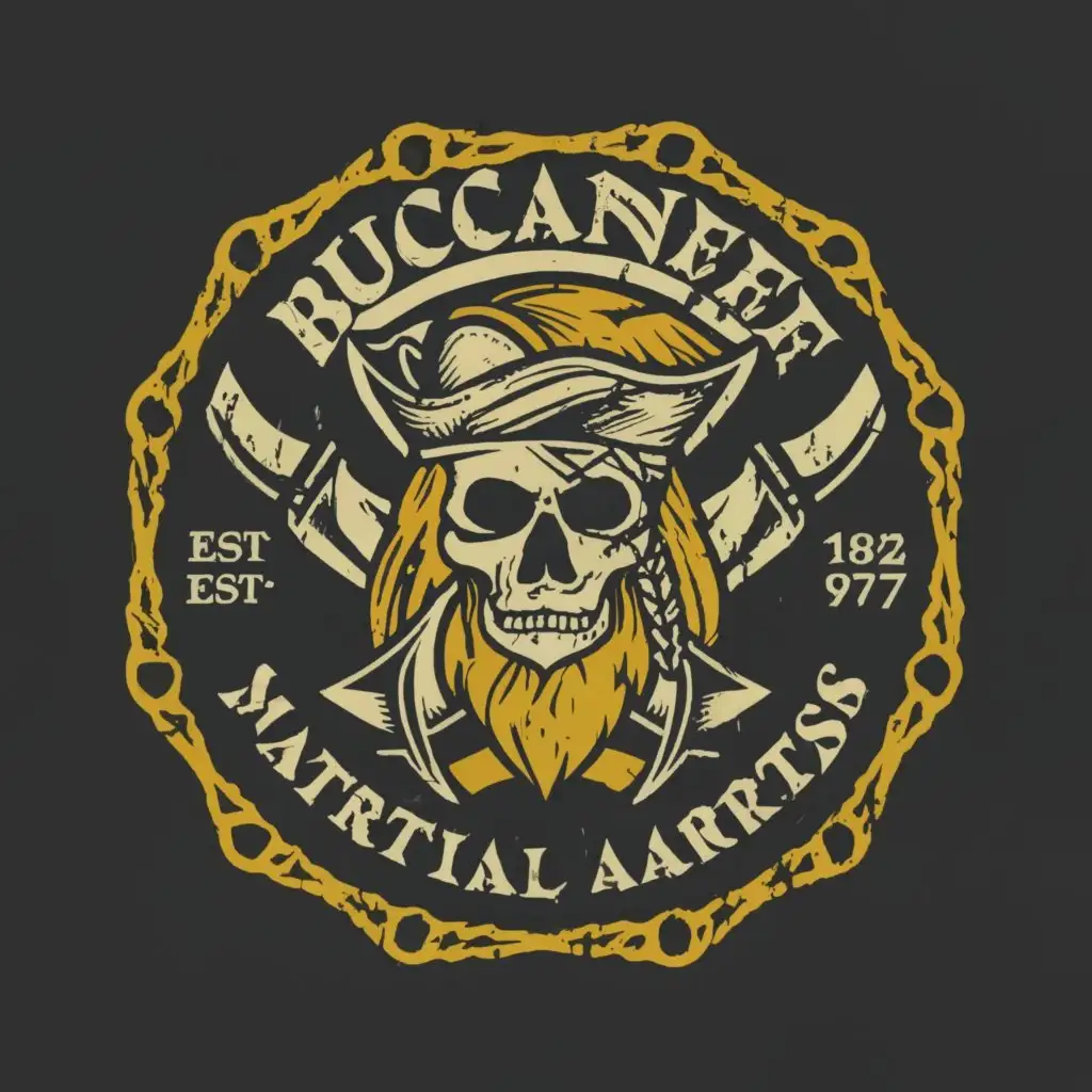 a logo design,with the text 'Buccaneer Martial Arts', main symbol:skull, cutlass , pirate, scottish hat, 17th century style, woodcut,complex,be used in Education industry,clear background