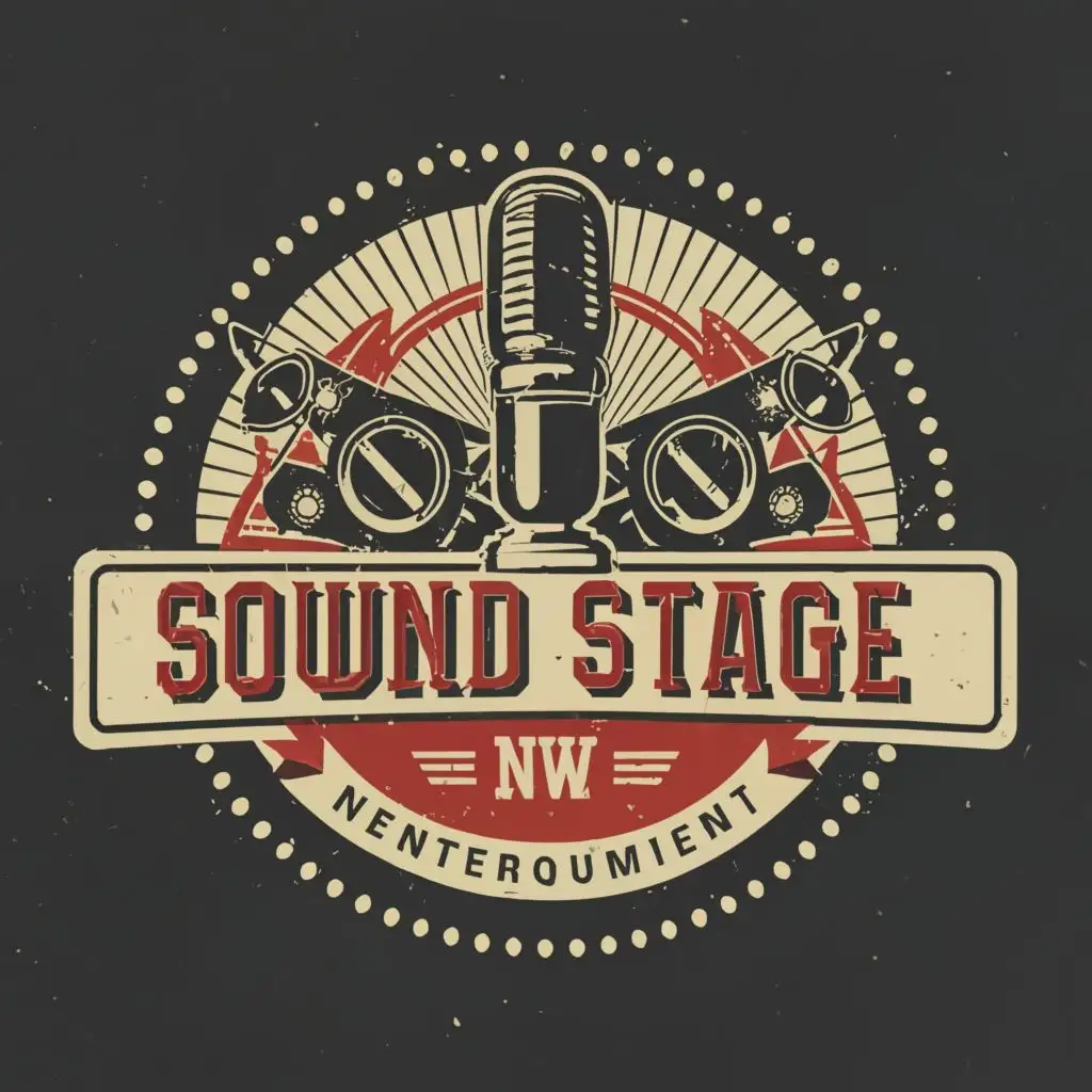 logo, incorporate film reels or a microphone IN VINTAGE style with black, grey and red colors, with the text "The SOUND STAGE NW", typography, be used in Entertainment industry