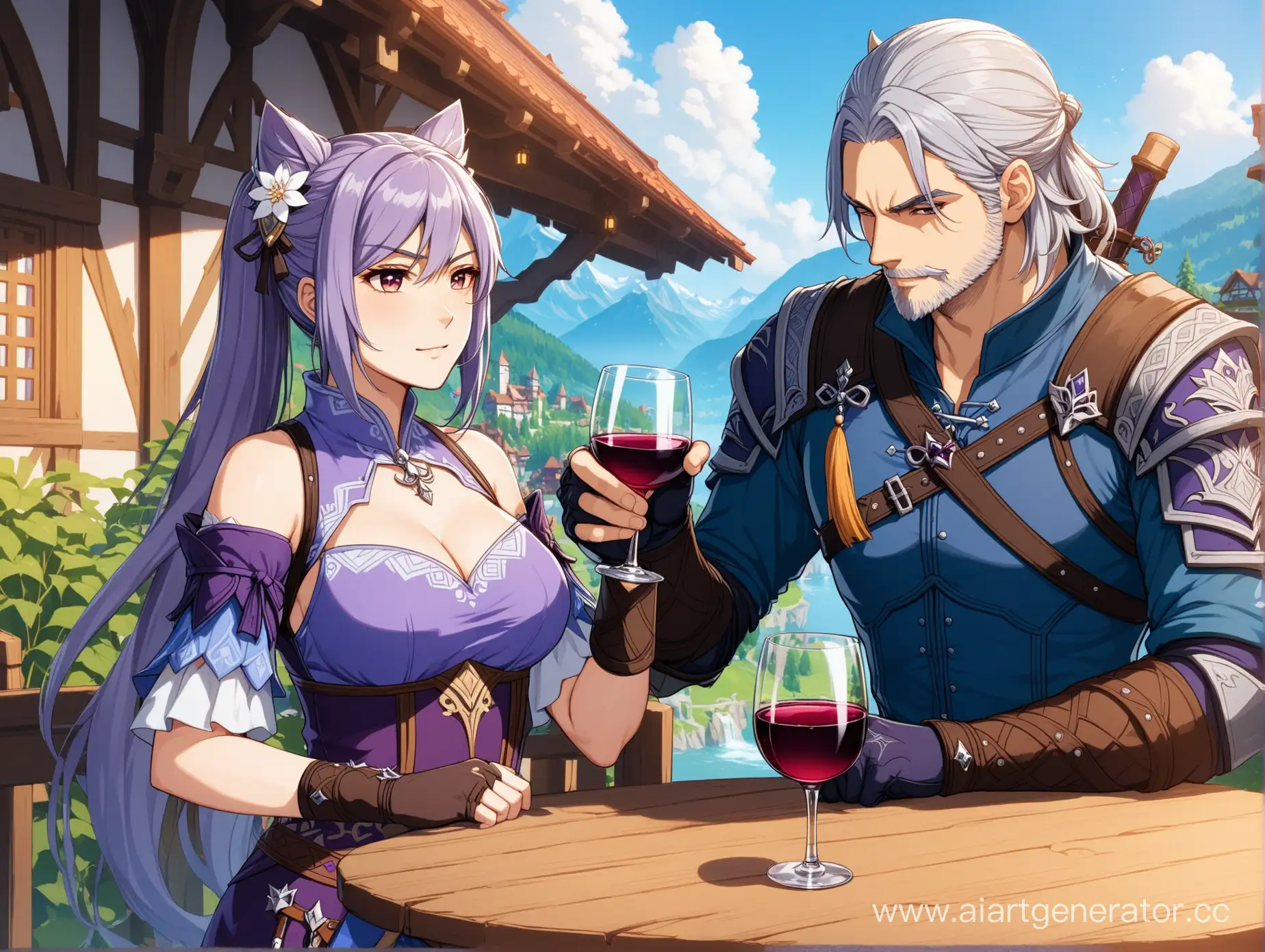 Geralt-of-Rivia-and-Keqing-Enjoying-Wine-in-Mondstadt-A-Crossover-Scene