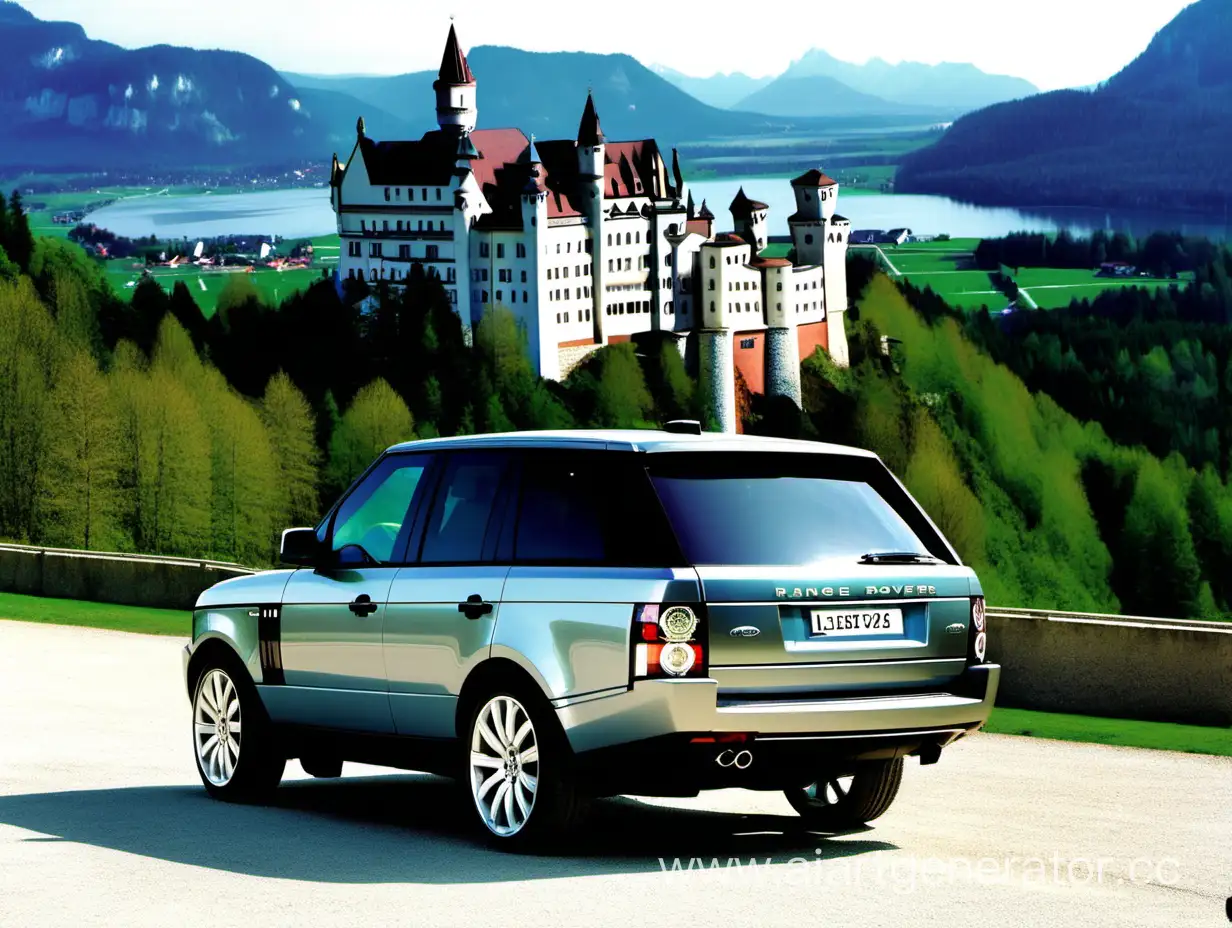 Range Rover L322 Vogue Gray with 20-inch rims, on a hill, in the background Neuschwanstein Castle in Schwangau