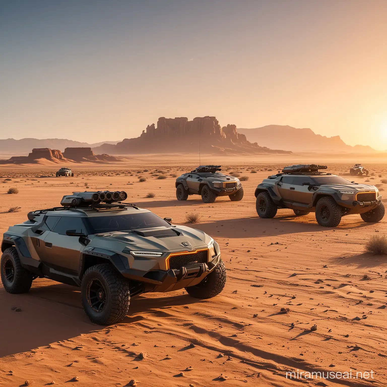 fleet of futuristic off-road SUVs, matte color; military style armored cars; in a desert landscape during sunset