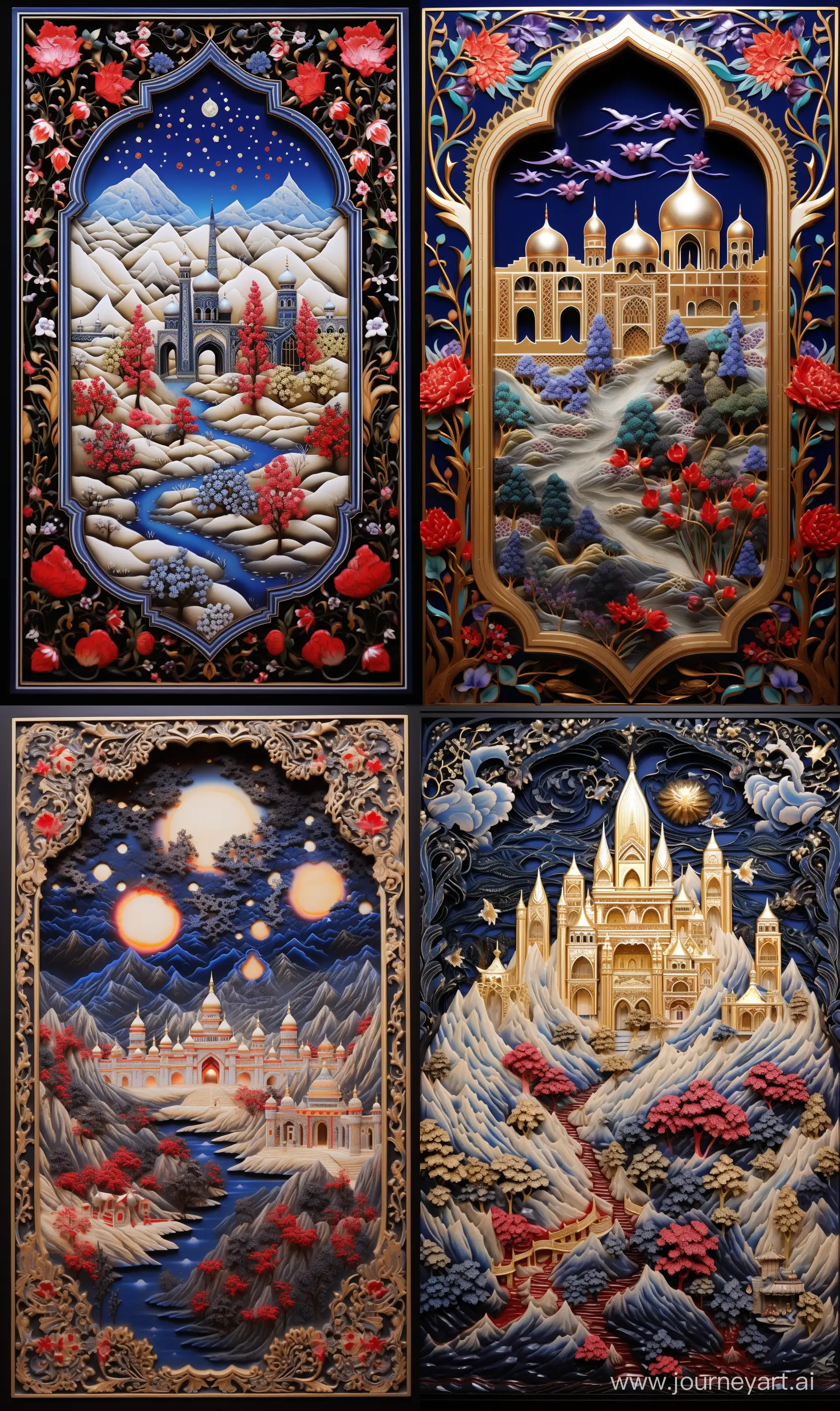 Blue red white black "Persian miniature painting" style scenery embossed on Porcelain panel, 3D embossing, shiny gold outlines --ar 3:5
