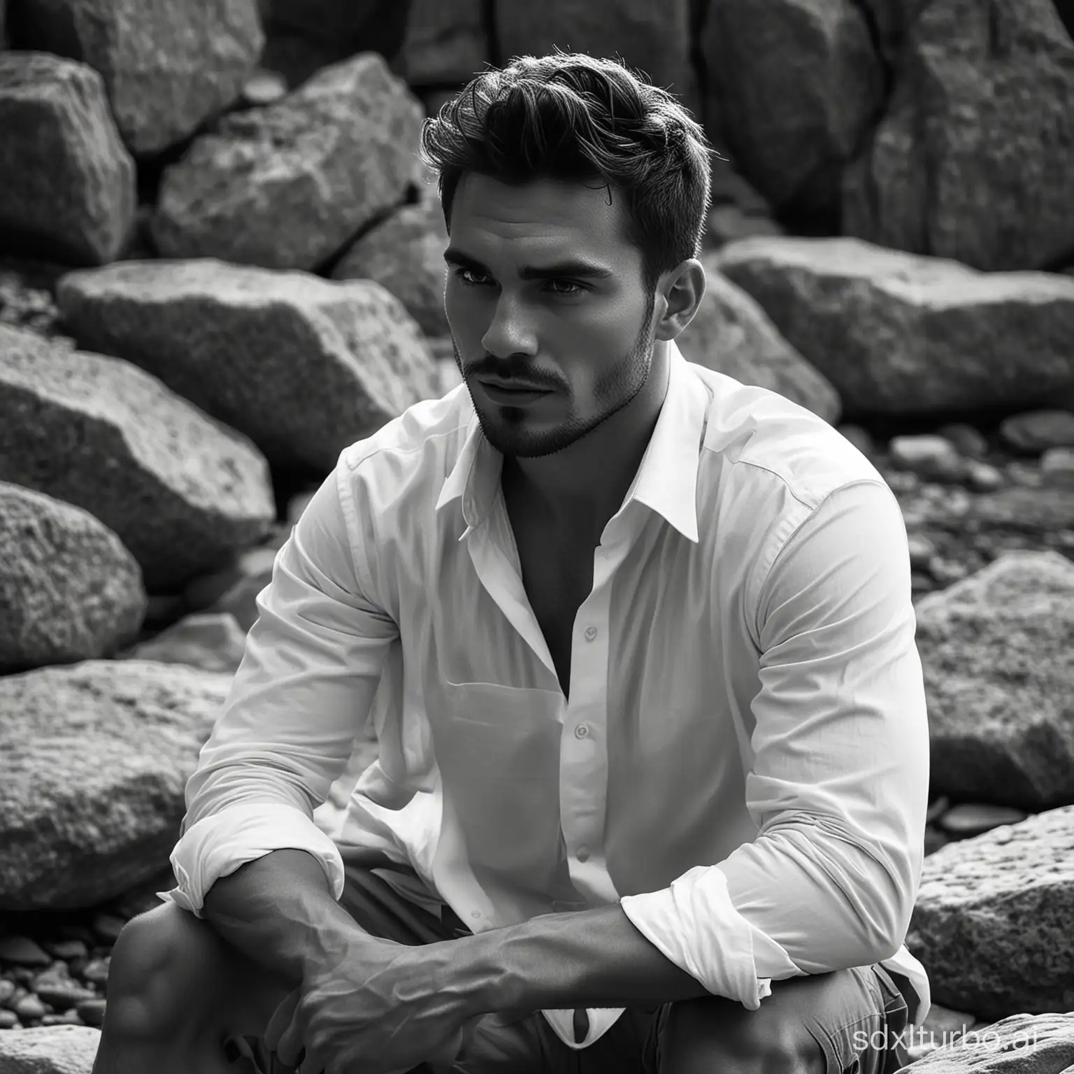 Black and white photo, realistic, A well-built handsome man was sitting on the stones, wearing white shirt  his face straight to camera,, gym palace black and white color background, cinematic lighting, backlighting stylize 700 --ar 9:16 --v 6.0