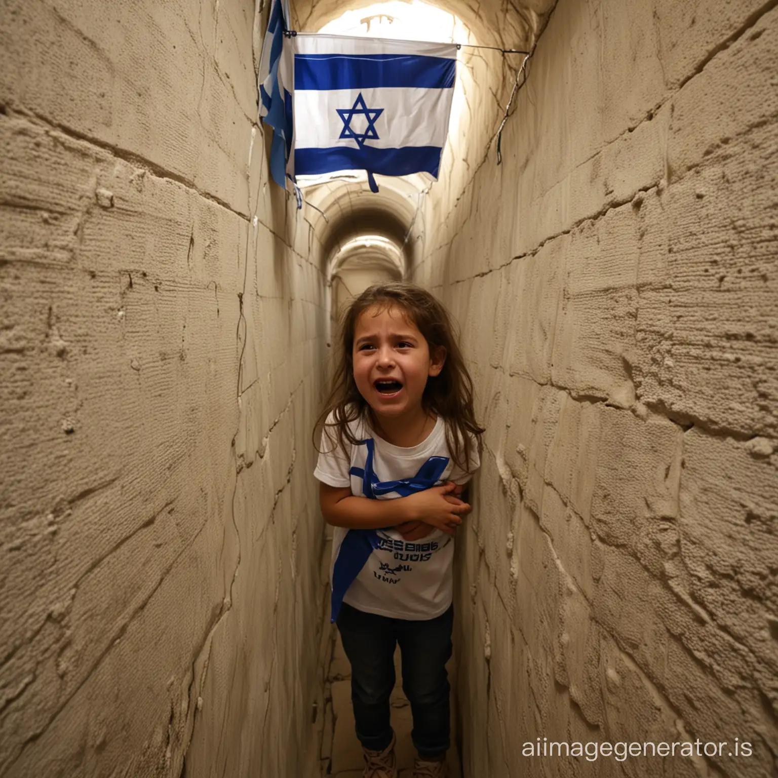 Israeli girl child crying inside tunnel with Israeli flag