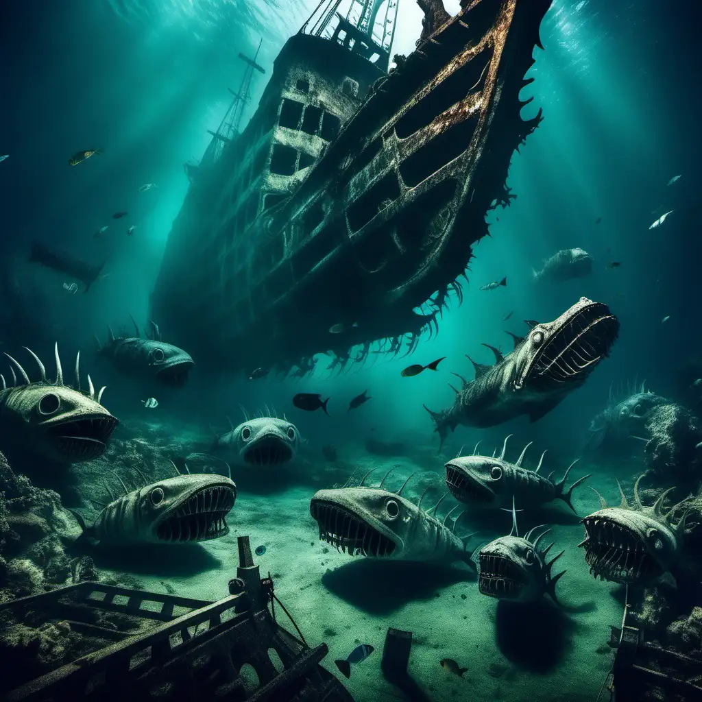 Enchanting Sea Monsters Surrounding Ancient Shipwreck