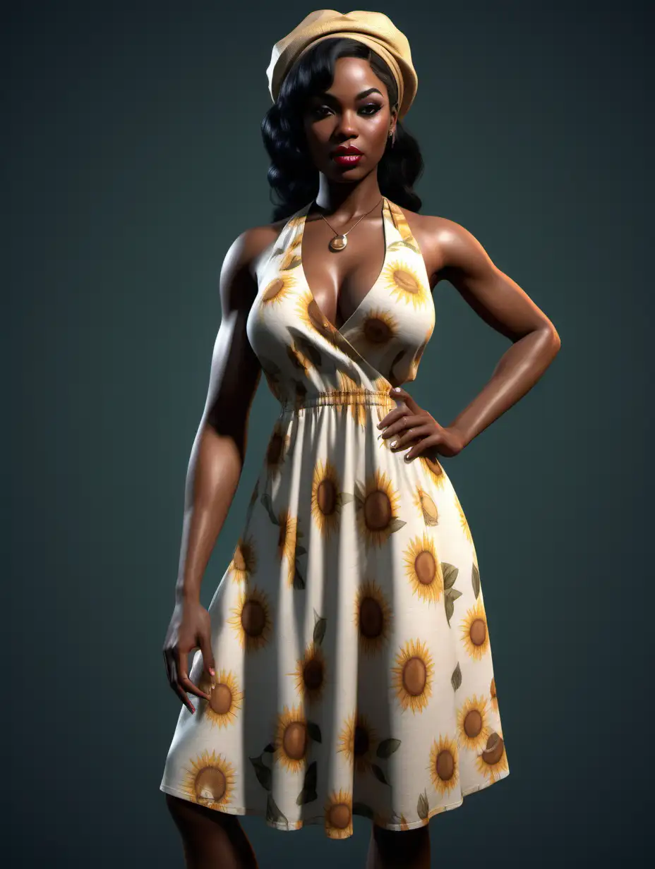 Generate a realistic image of a sexy southern black female femme fatale. put her in a sun dress.
