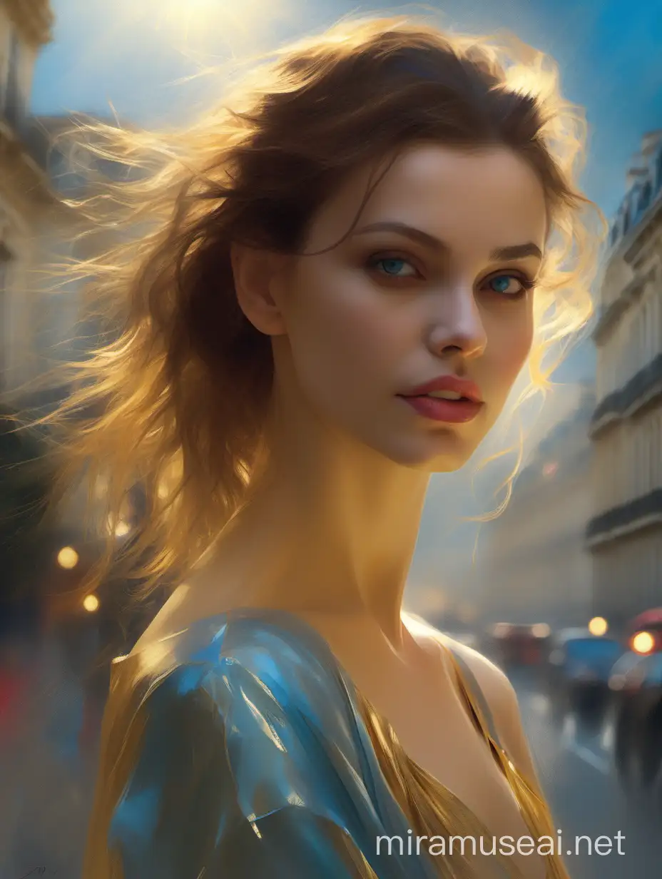 Pino Daeni concept art,  Greg Rutkowski, Konstantin Razumov, Vladimir Volegov, Realistic close-up luminous portrait of a model, 8k, pale beautiful russian woman with soft blue eyes, Black and gold Spirit, golden threads, beautiful natural landscape background on Paris,  painted background, studio portrait, cinematic light, bokeh background, picturesque, buff painting, (detailed faces: 1. 3), (Detailed Eyes: 1.3 <lora:epiNoiseoffset_v2:1>, 8K, HDR, RGB, Ultra-HD, Broken Glass effect, no background, stunning, energy, molecular, textures, iridescent and luminescent scales, breathtaking beauty, pure perfection, divine presence, unforgettable, impressive, breathtaking beauty, Volumetric light, auras, rays, vivid colors reflects--style raw--stylize 500